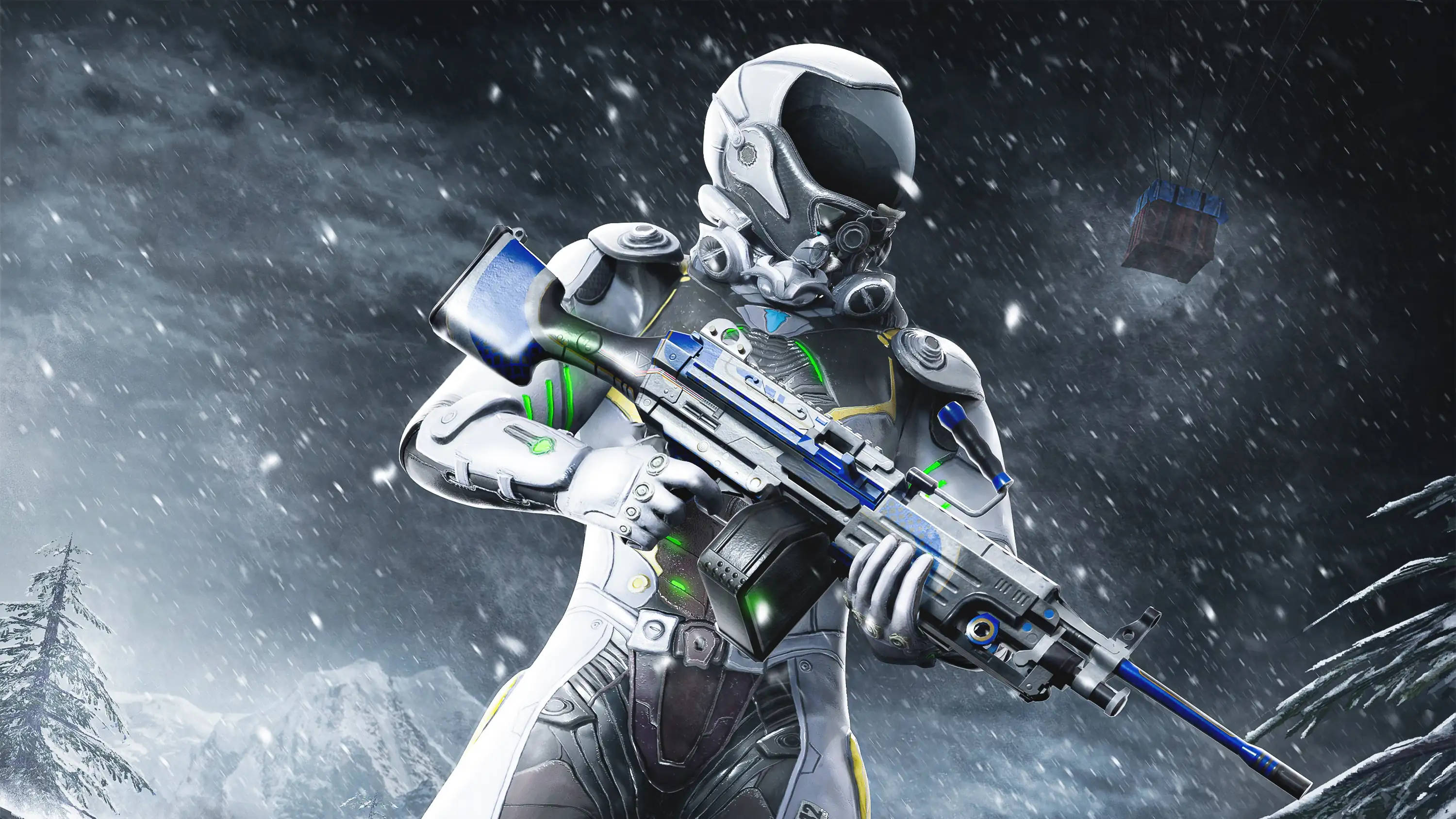 PUBG, white armor, glowing rifle, 2K Desktop Wallpaper
