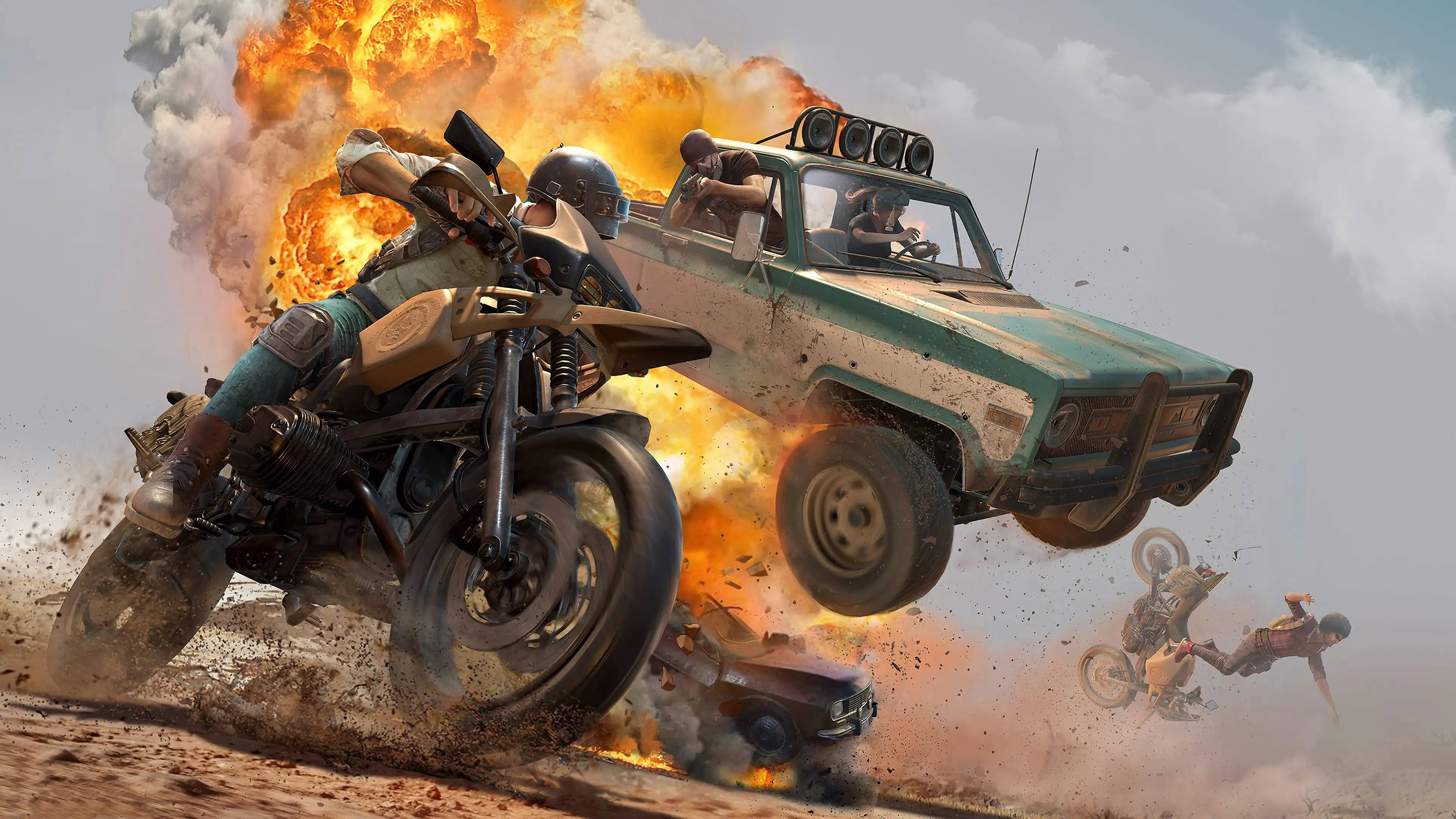 PUBG, motorcycle, green truck, 4K Desktop Wallpaper