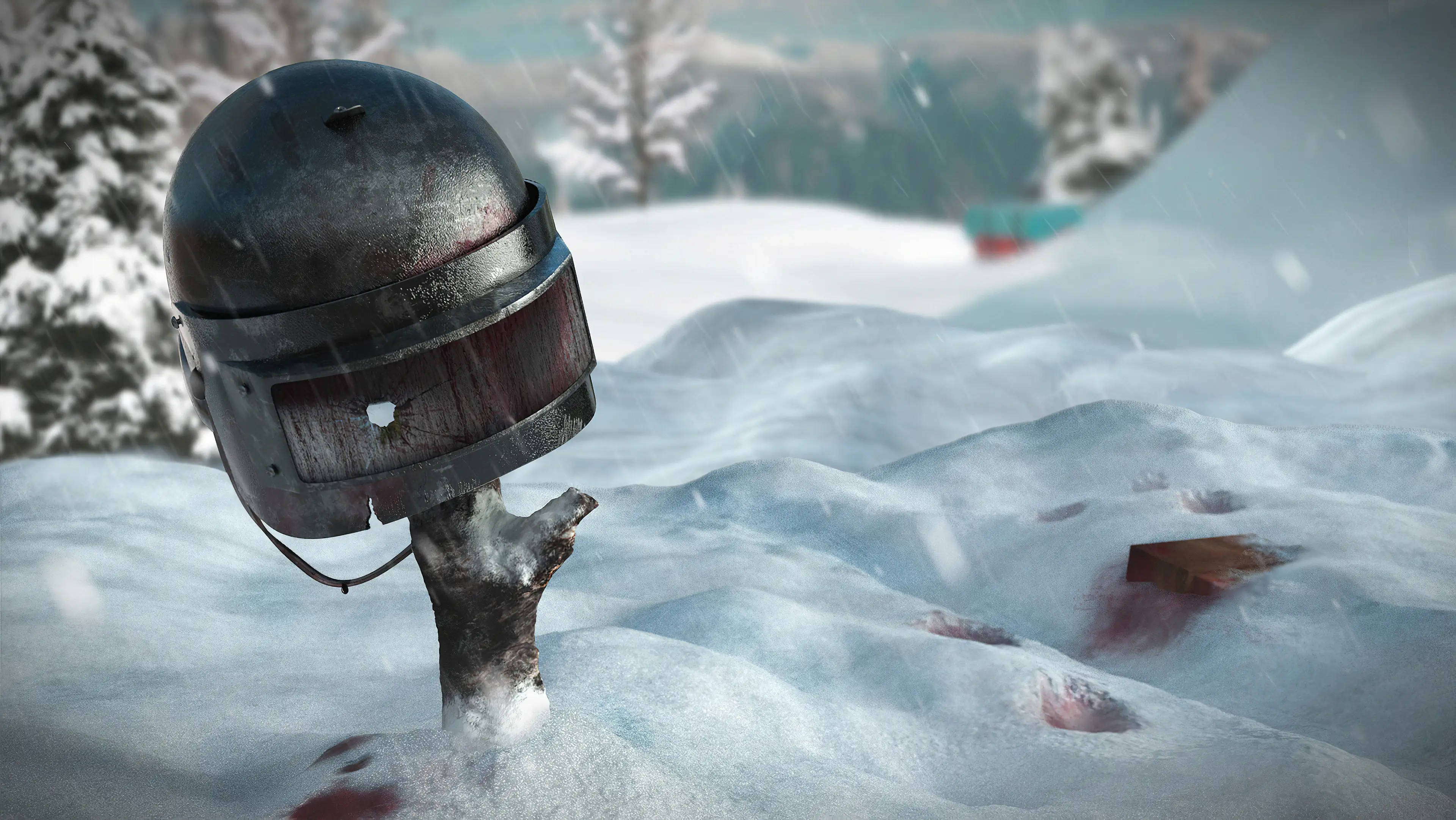 PUBG 1440p, combat helmet, tree stump, 4K Desktop Wallpaper