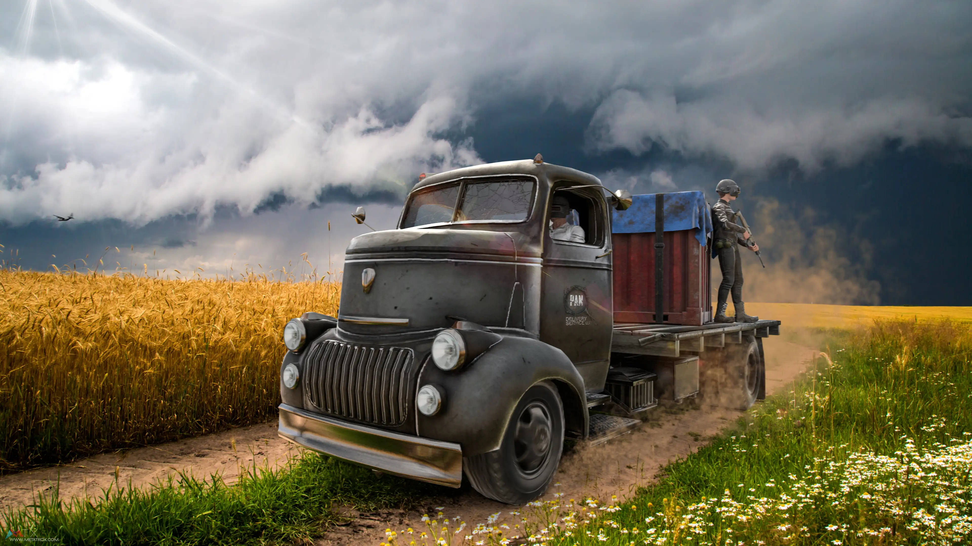 PUBG 1440p, vintage military truck, soldier, 4K Desktop Wallpaper