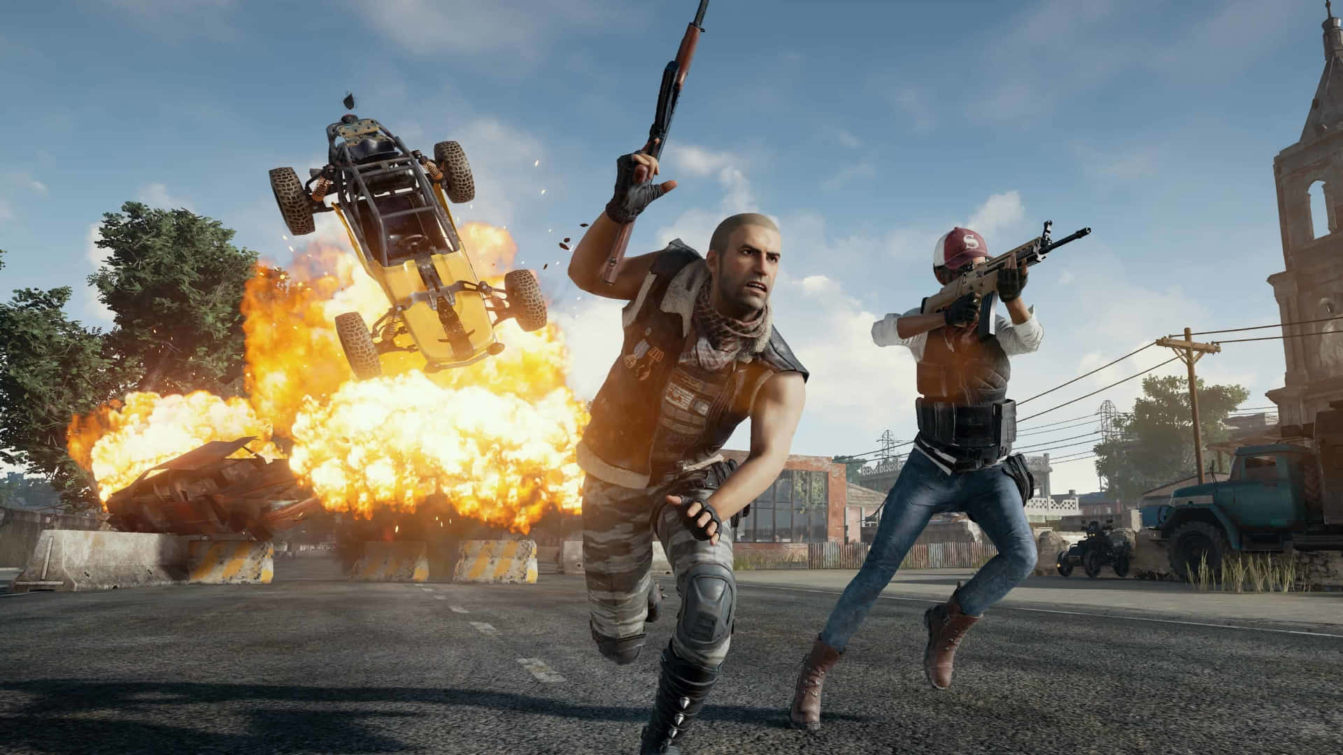 PUBG, yellow vehicle, sunlit urban street, Full HD Desktop Wallpaper