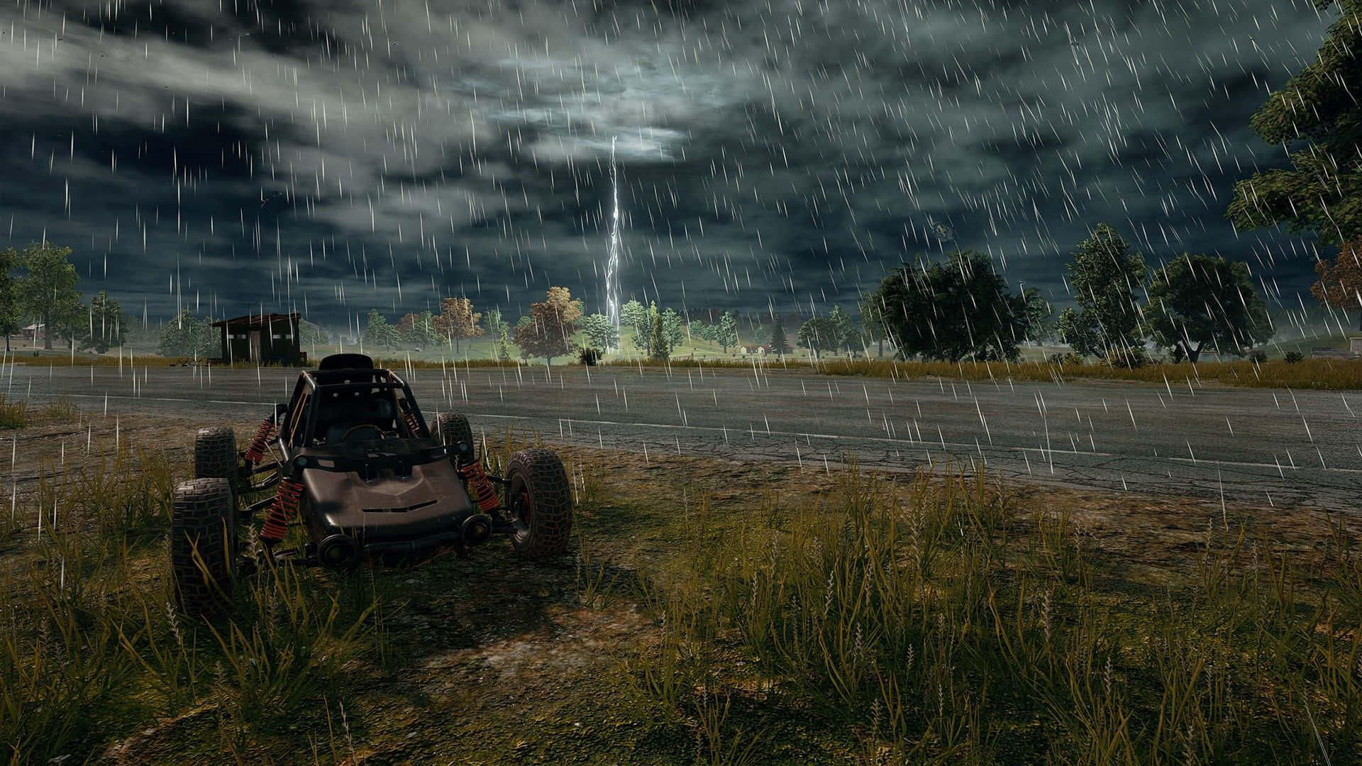 PUBG, abandoned ATV, rain-slicked road, Full HD Desktop Wallpaper