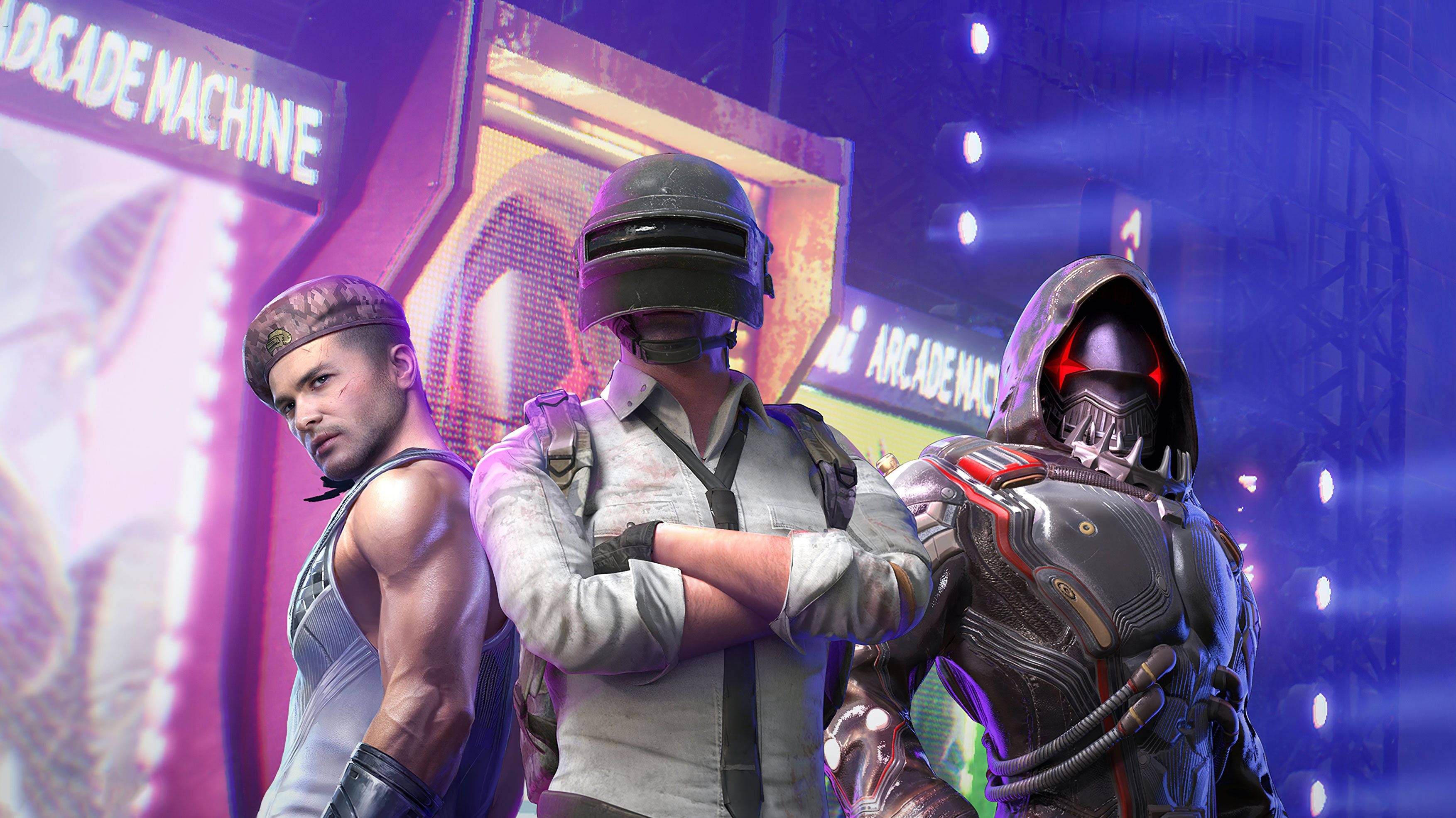 PUBG 2020, neon-lit arcade, glowing signs, 2K Desktop Wallpaper