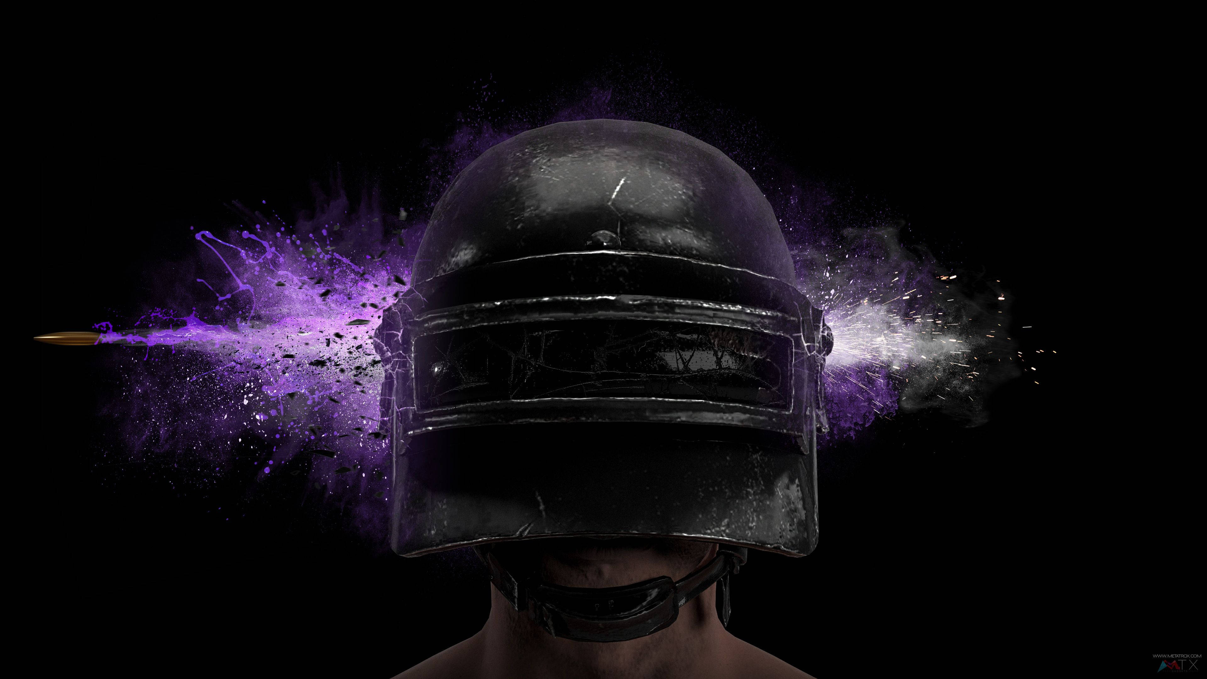 PUBG 3D Live HD, black helmet, purple explosive blast, 4K Desktop Wallpaper