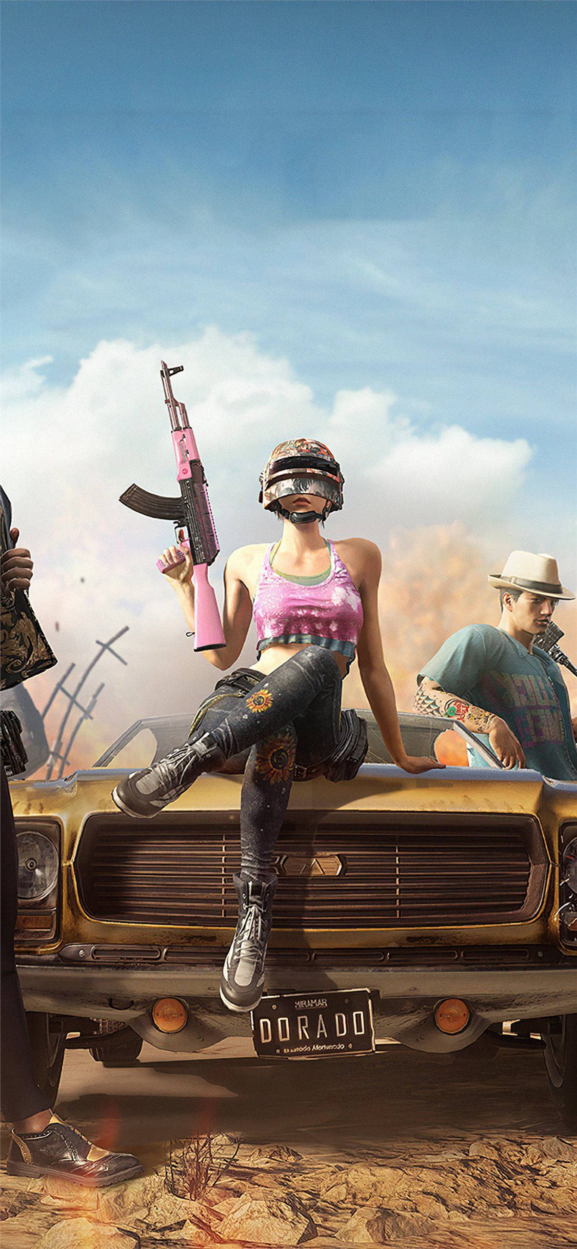 PUBG, pink rifle, vintage yellow car, Full HD Phone Wallpaper