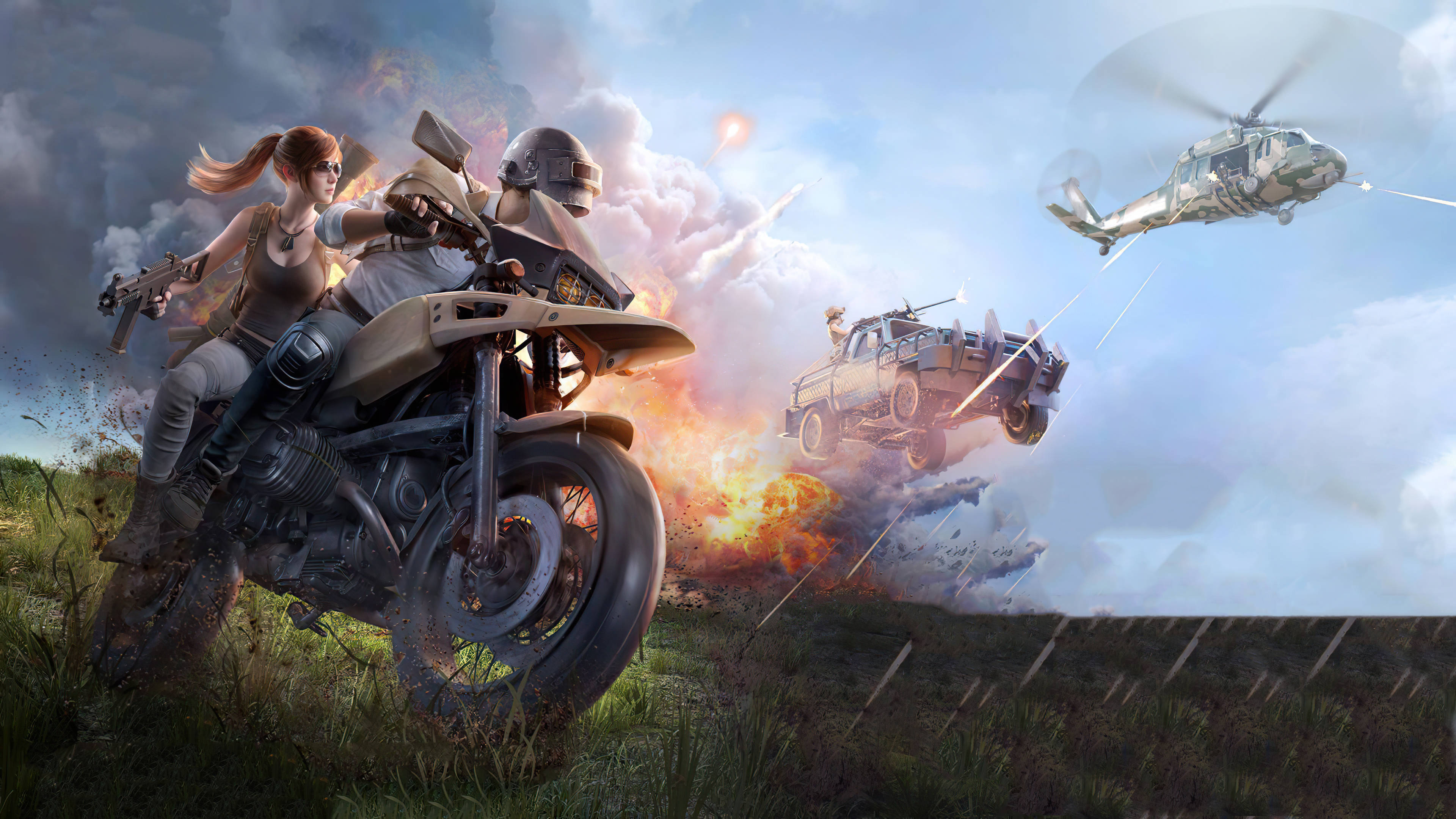 PUBG, motorcycle, truck explosion, 4K Desktop Wallpaper