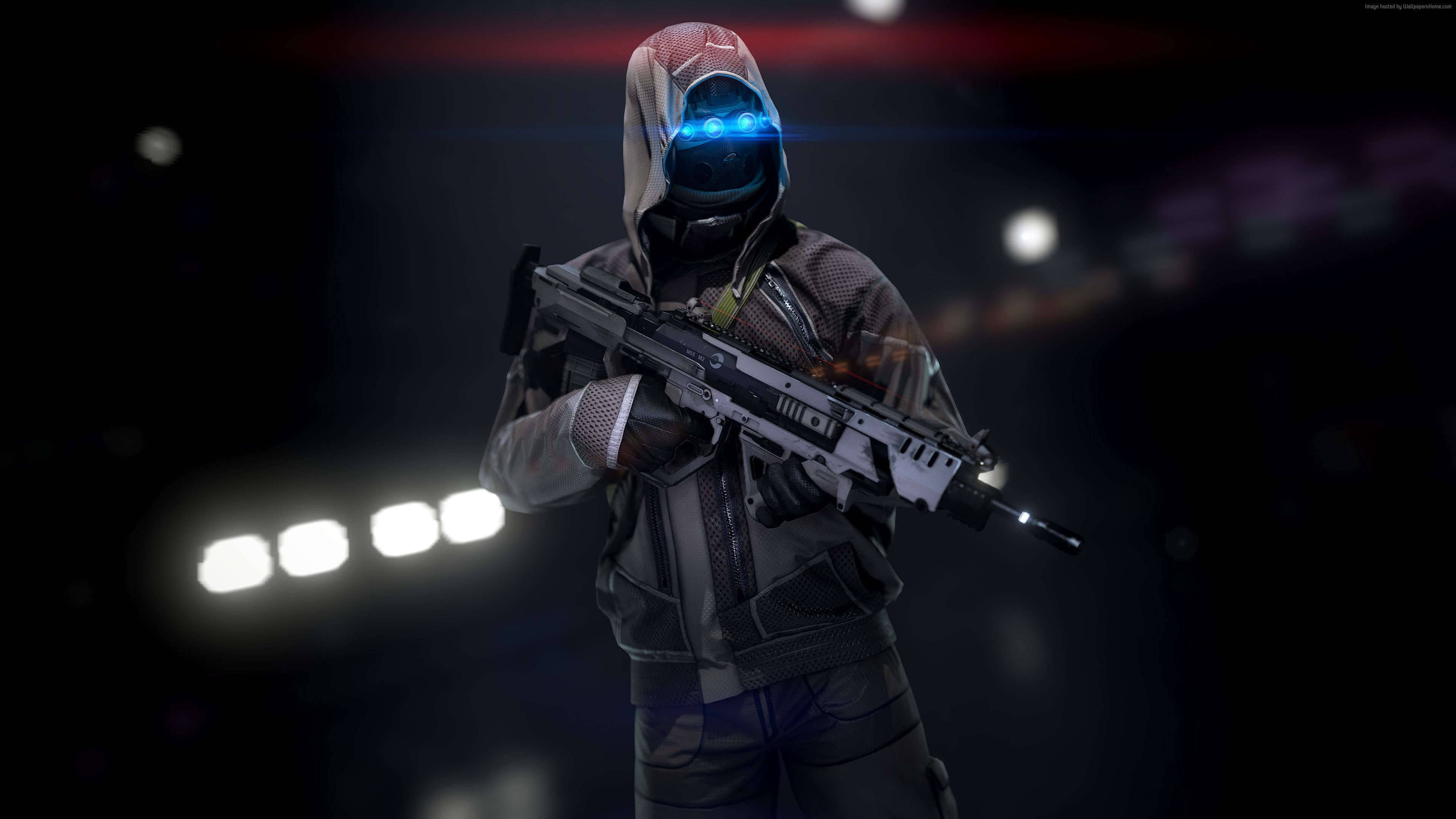 PUBG, All-Black Outfit, glowing blue eyes, 4K Desktop Wallpaper
