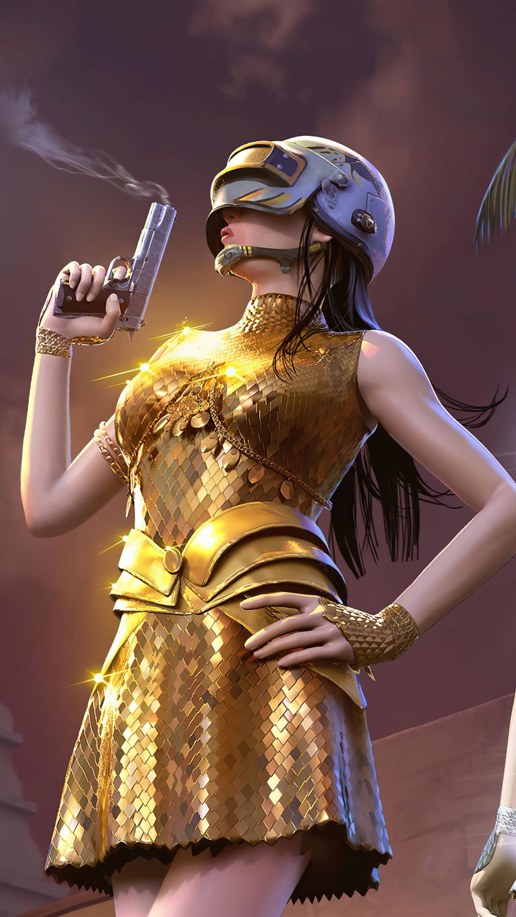 PUBG Girl, golden dress, shimmering gold outfit, 2K Phone Wallpaper
