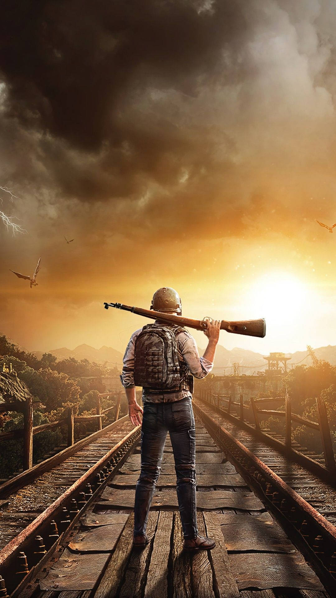 PUBG Man, rear view, weathered wooden railway bridge, Full HD Phone Wallpaper