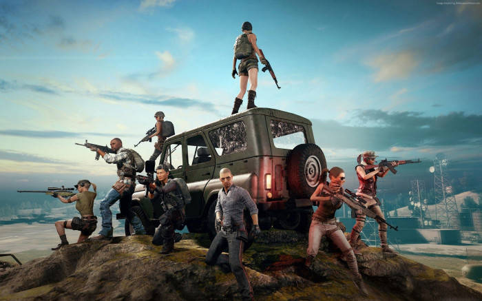 PUBG Banner, squad of armed gamers, tactical gear, SD Desktop Wallpaper