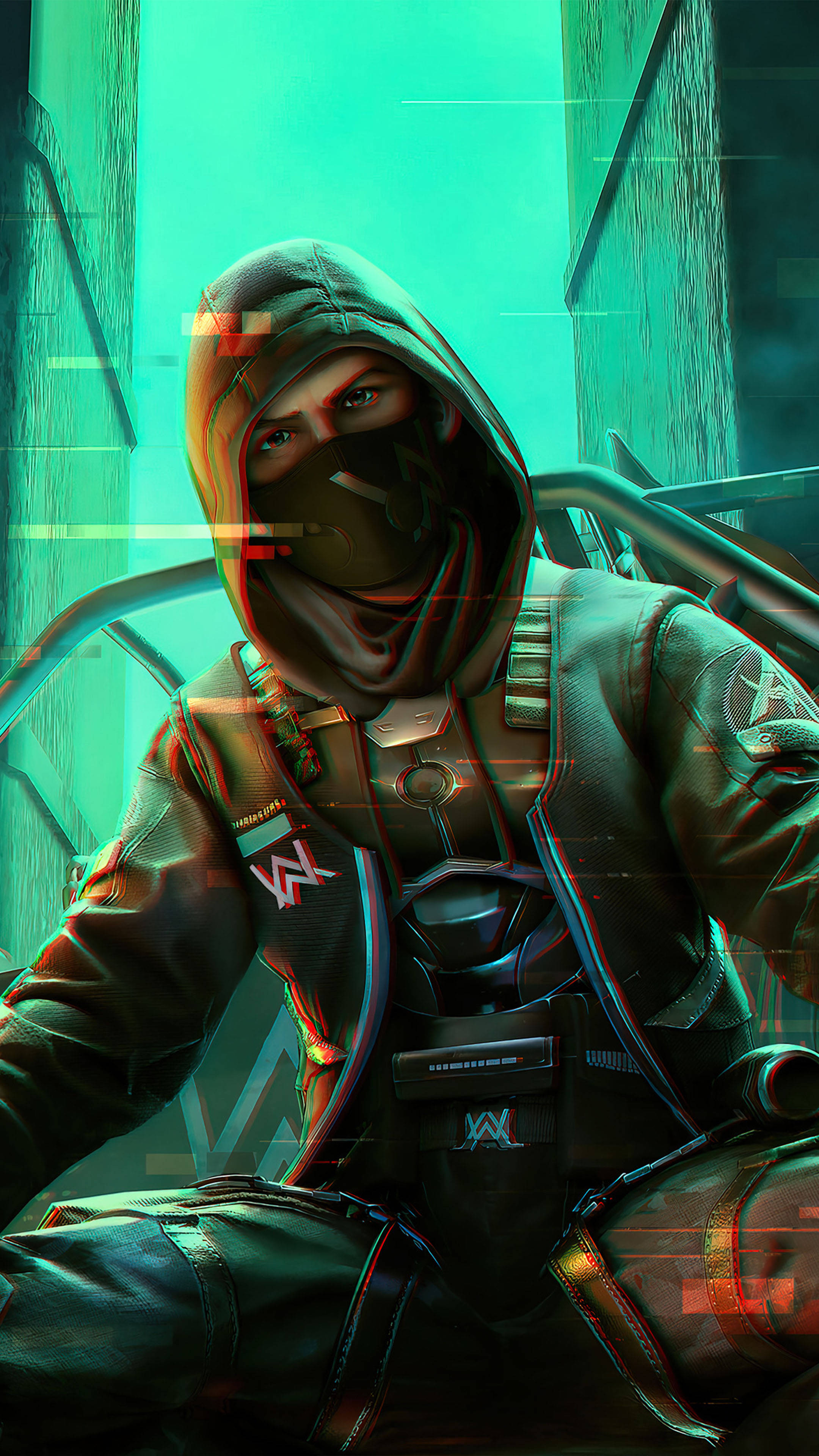 PUBG Avatar 4K, neon-lit cyberpunk alley, glowing green and red digital overlays, 4K Phone Wallpaper