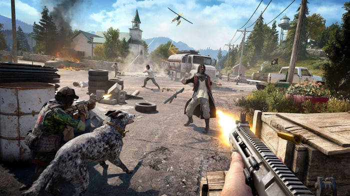 PUBG Banner, helicopter, burning rural town, SD Desktop Wallpaper