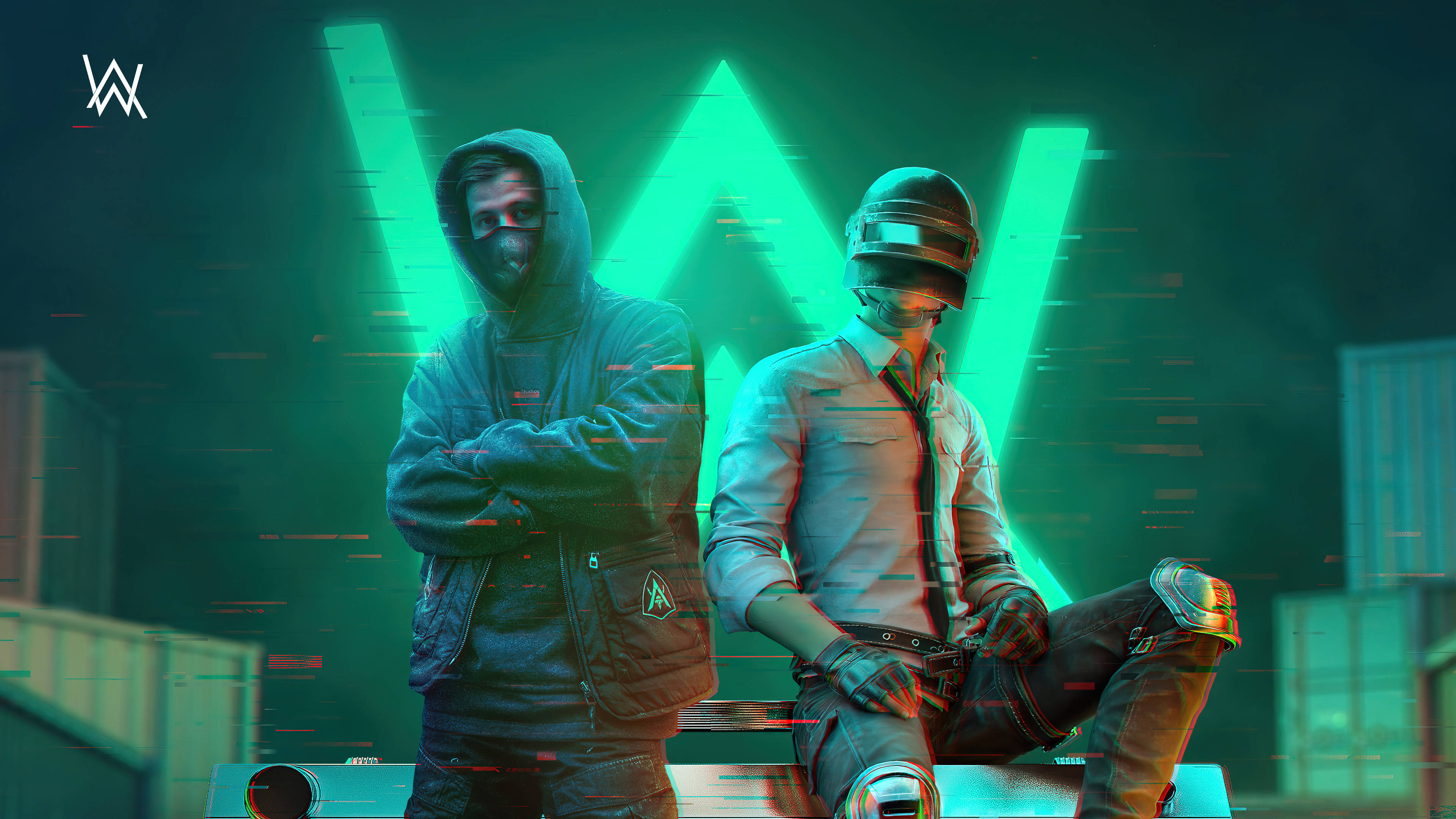 PUBG Avatar 4K, green neon, glowing green neon 'W' sign, 4K Desktop Wallpaper