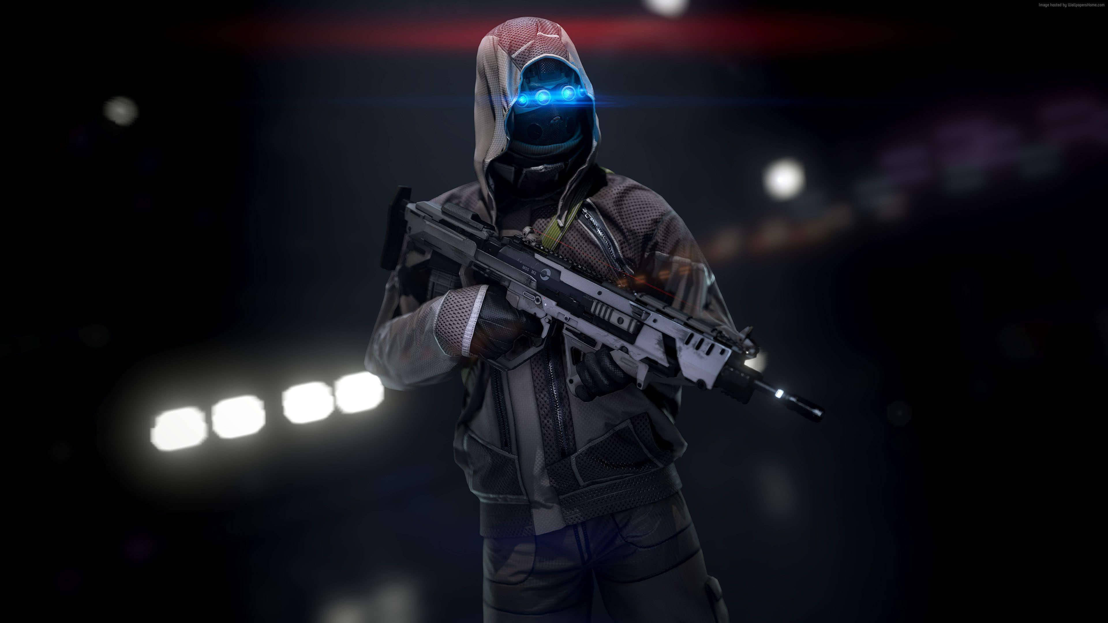 PUBG HD, hooded character, blue lights, 4K Desktop Wallpaper