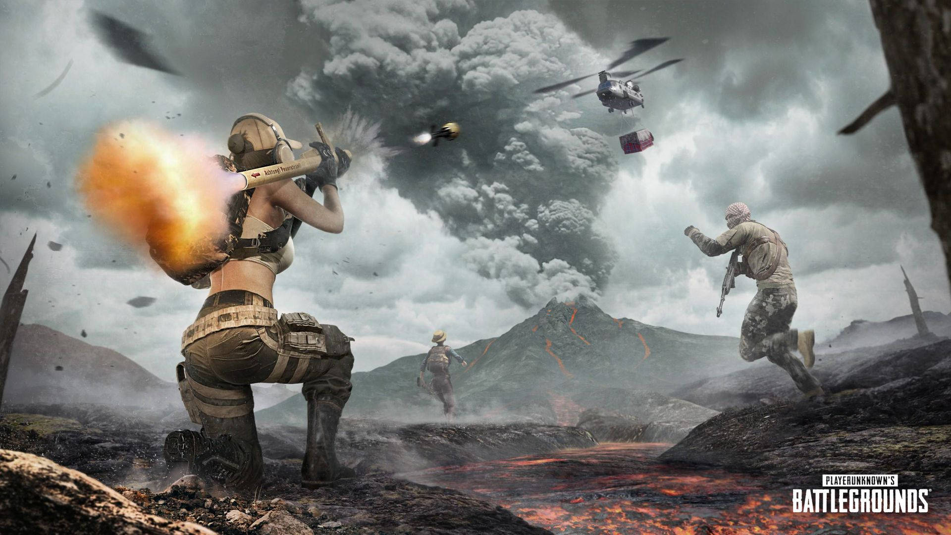 PUBG HD, helicopter, volcanic lava flows, Full HD Desktop Wallpaper