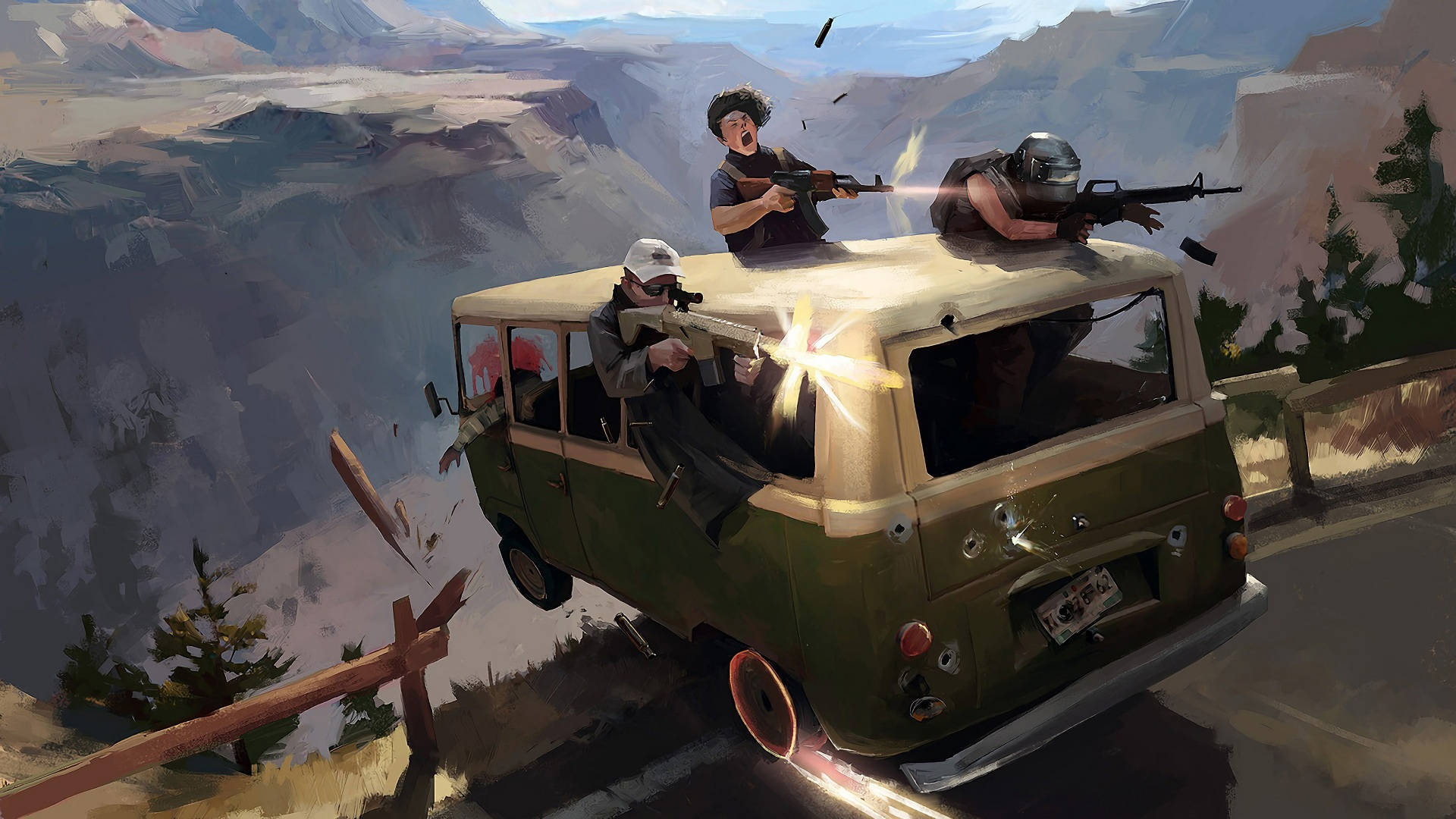PUBG, green van, mountain road, Full HD Desktop Wallpaper