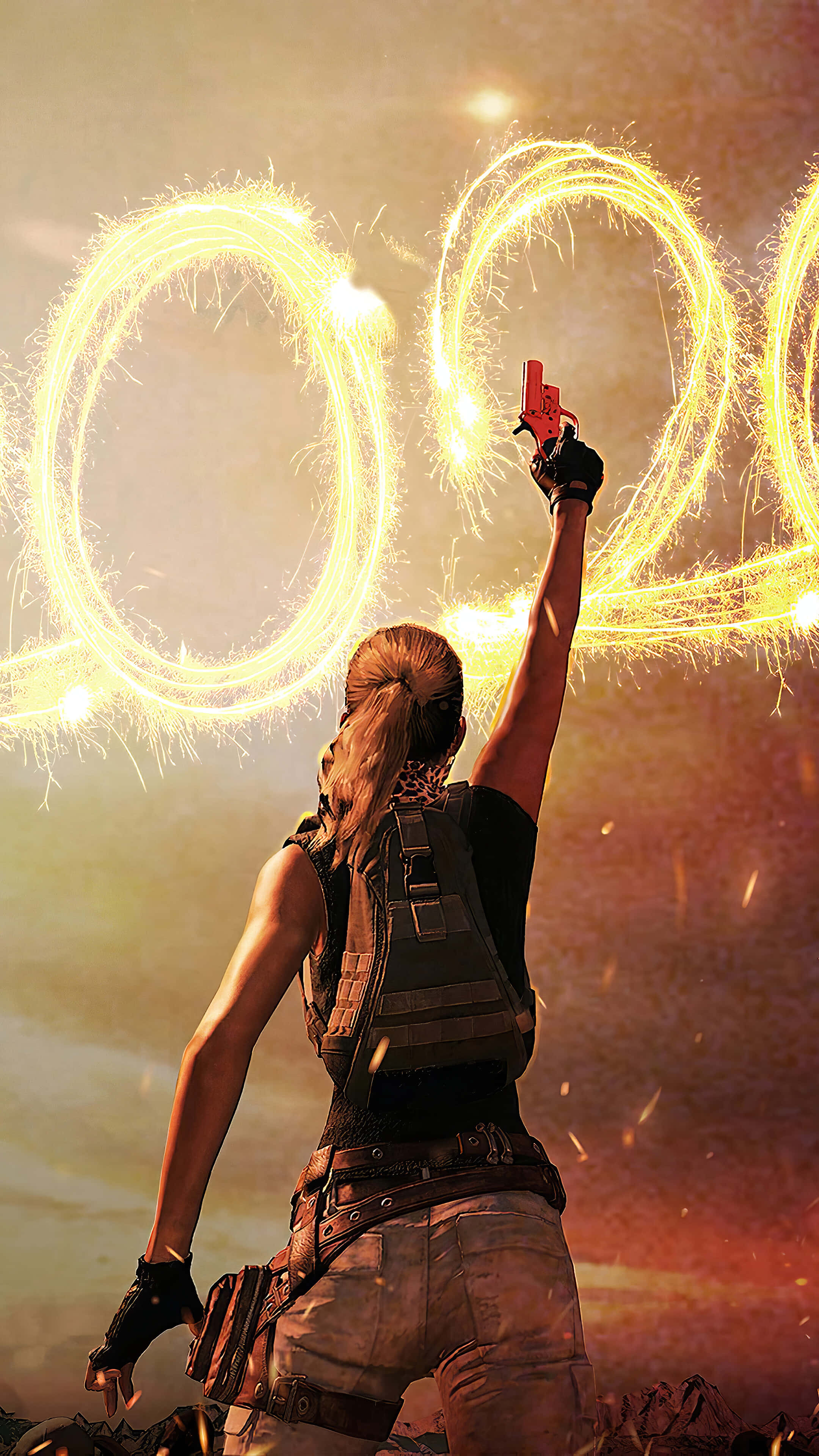 PUBG Girl, red pistol, golden sparkles, 4K Phone Wallpaper