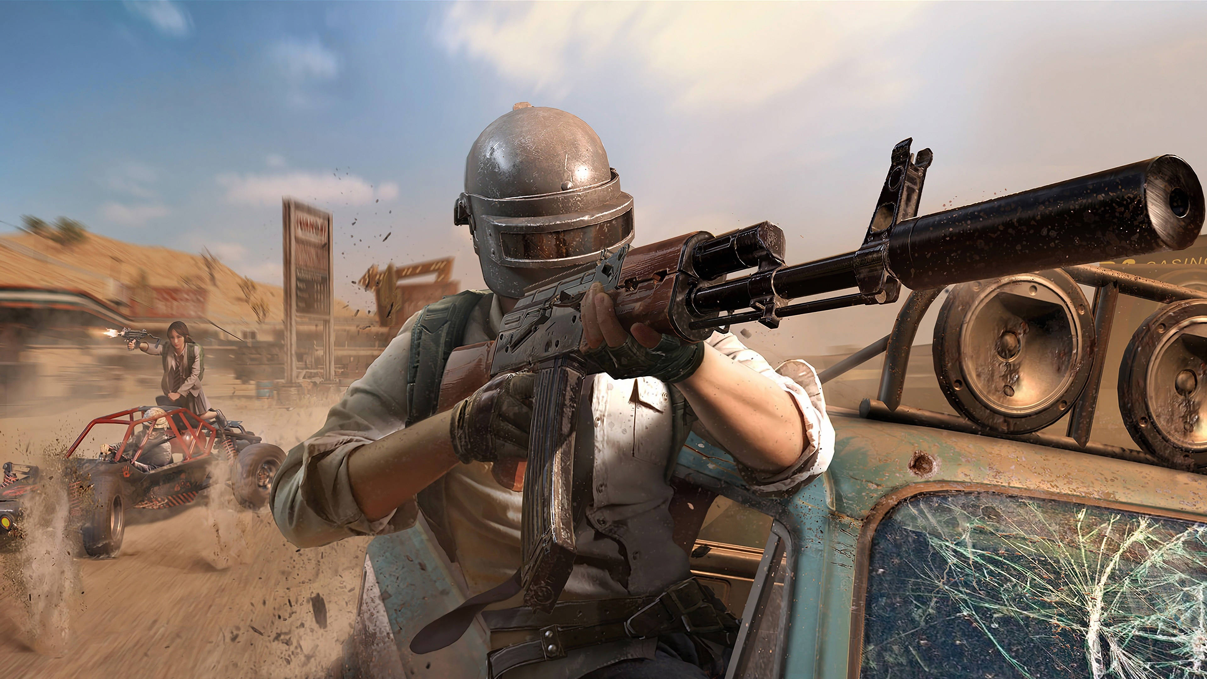 PUBG Lite, rifle, damaged blue vehicle, 4K Desktop Wallpaper