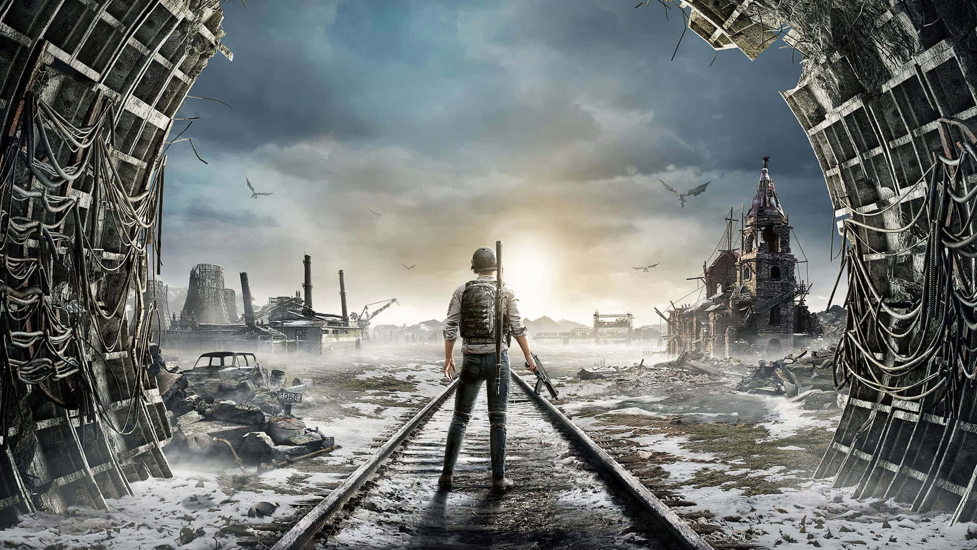 PUBG, Abandoned Railroad Tracks, snow-covered ruined cityscape, Full HD Desktop Wallpaper