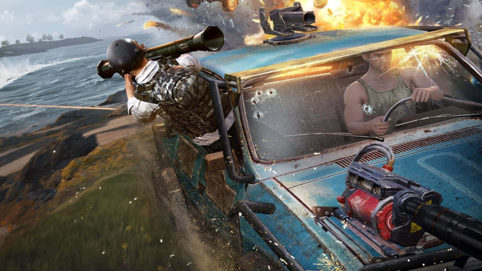 PUBG, rocket launcher, blue jeep, Full HD Desktop Wallpaper