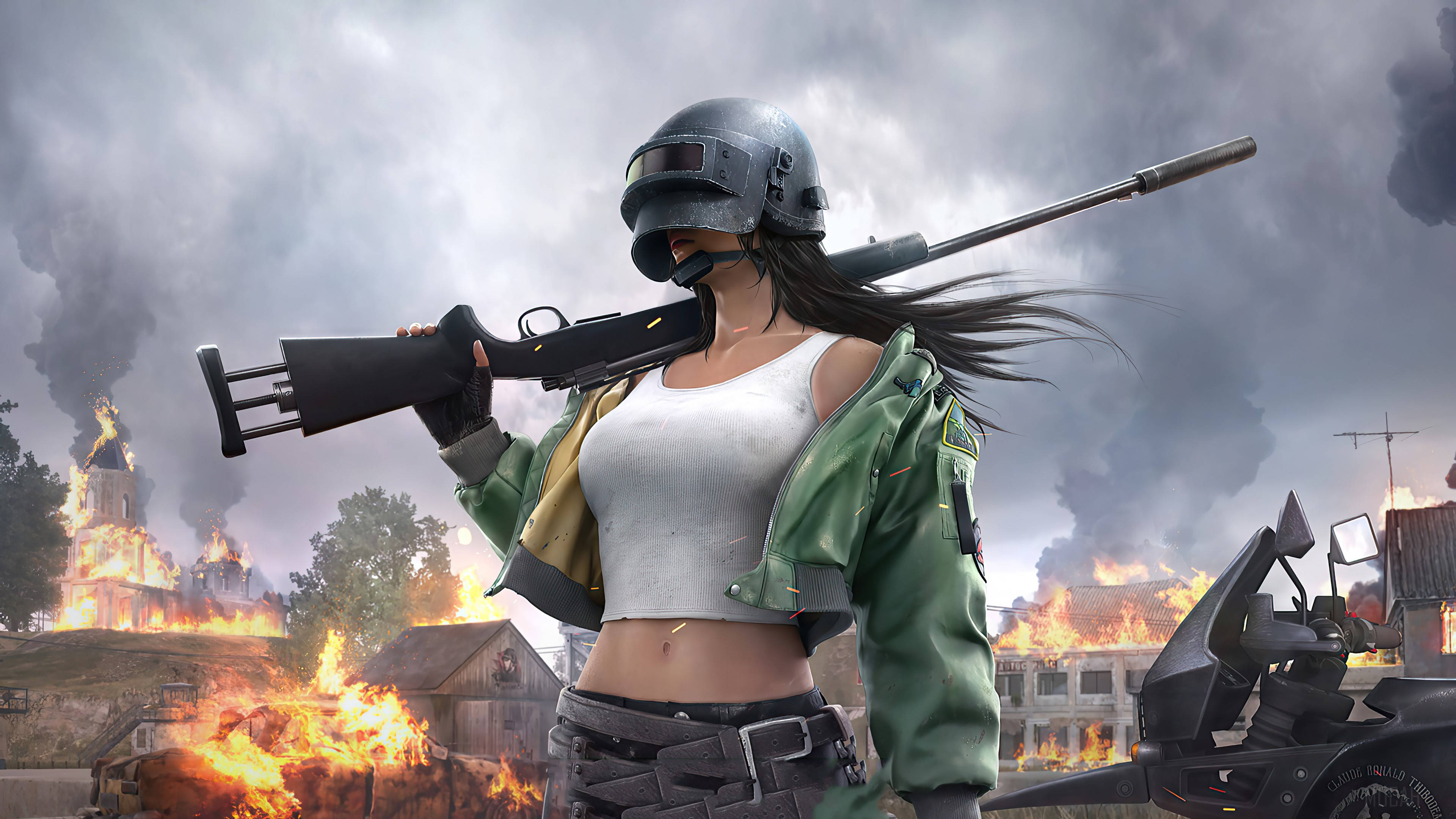 PUBG Lite, female soldier, long dark hair, 4K Desktop Wallpaper