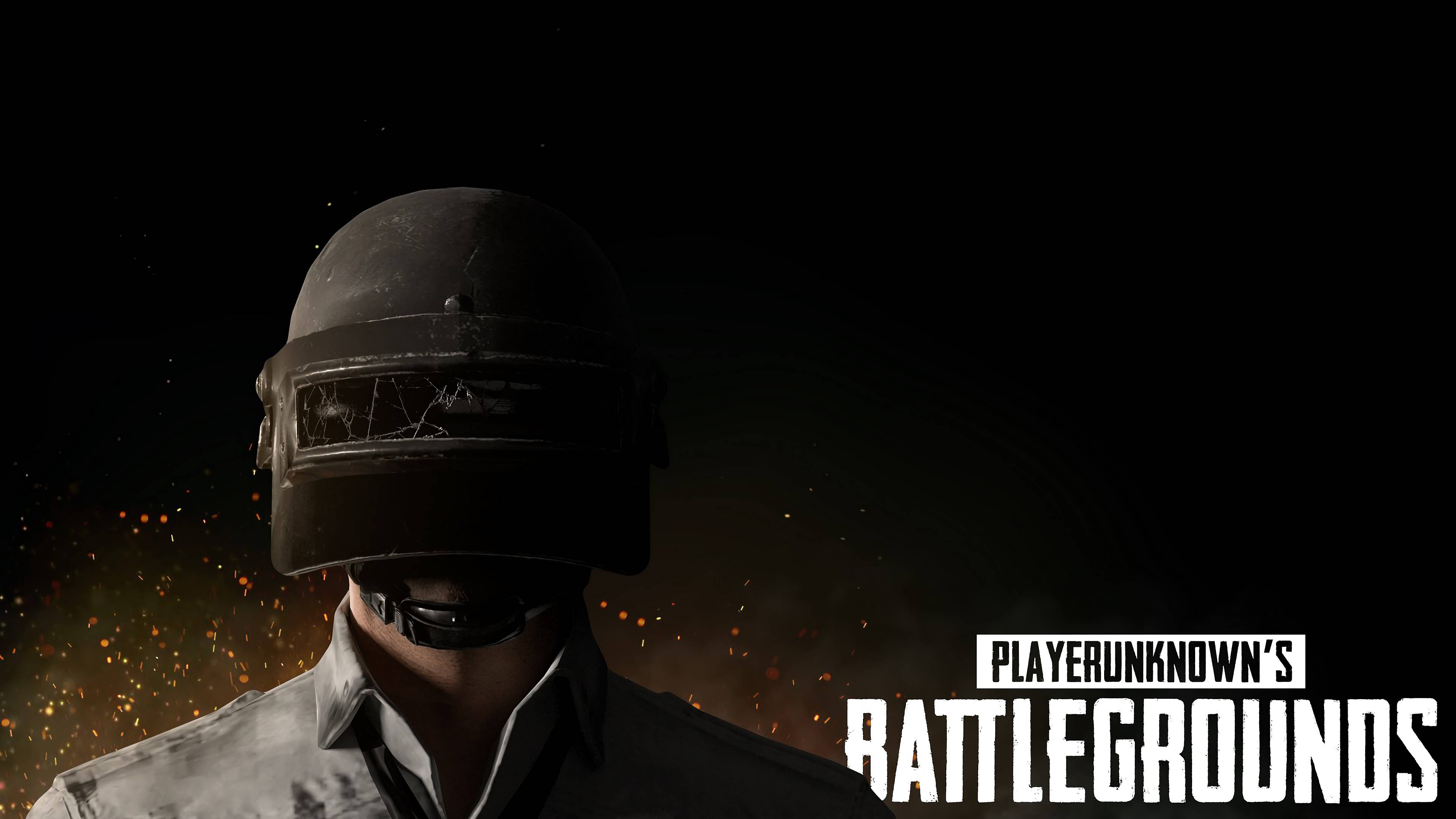PUBG logo, cracked helmet, glowing embers, 4K Desktop Wallpaper