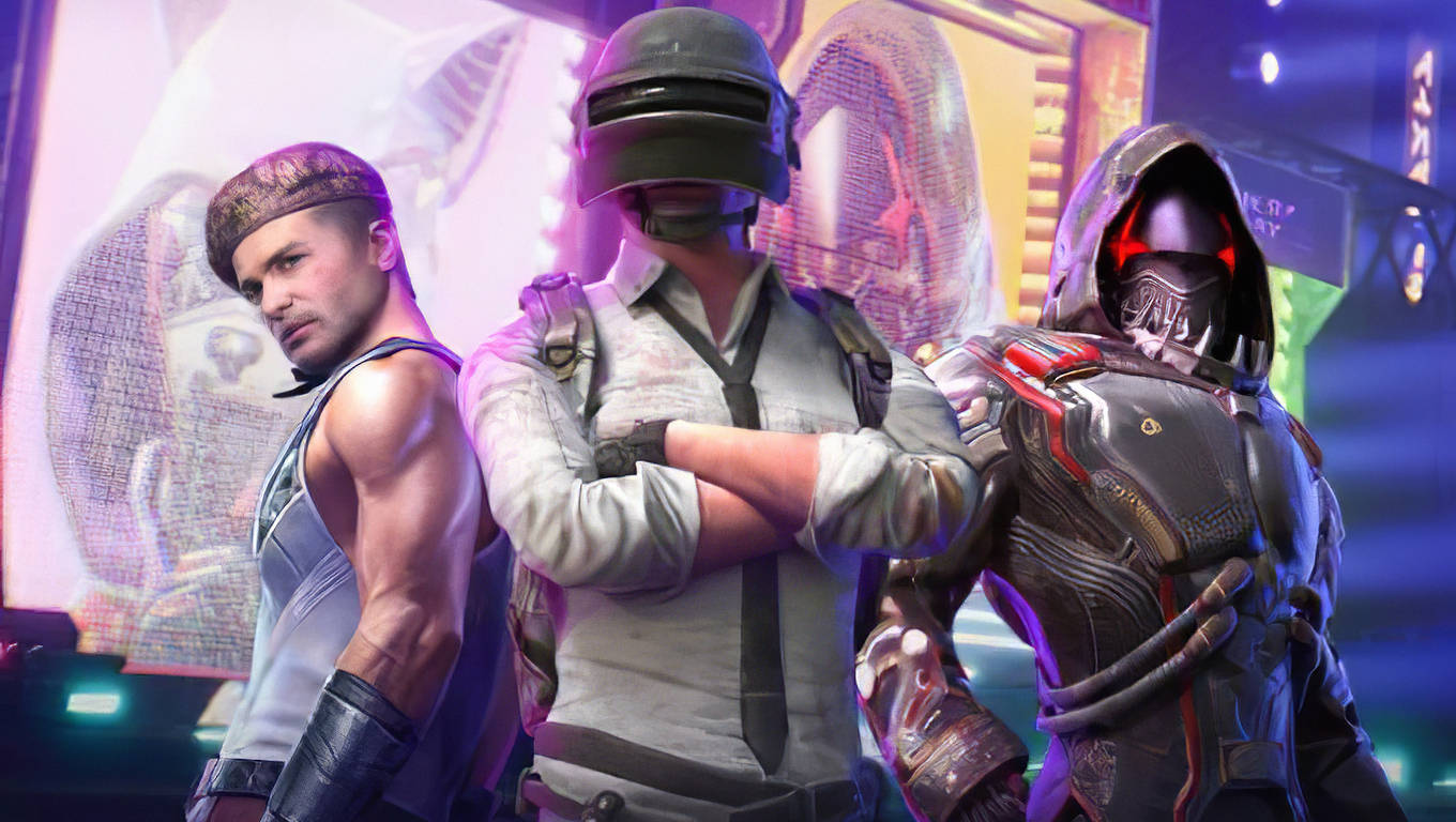 PUBG Mobile Lite, neon-lit futuristic cityscape, glowing billboards, HD Desktop Wallpaper
