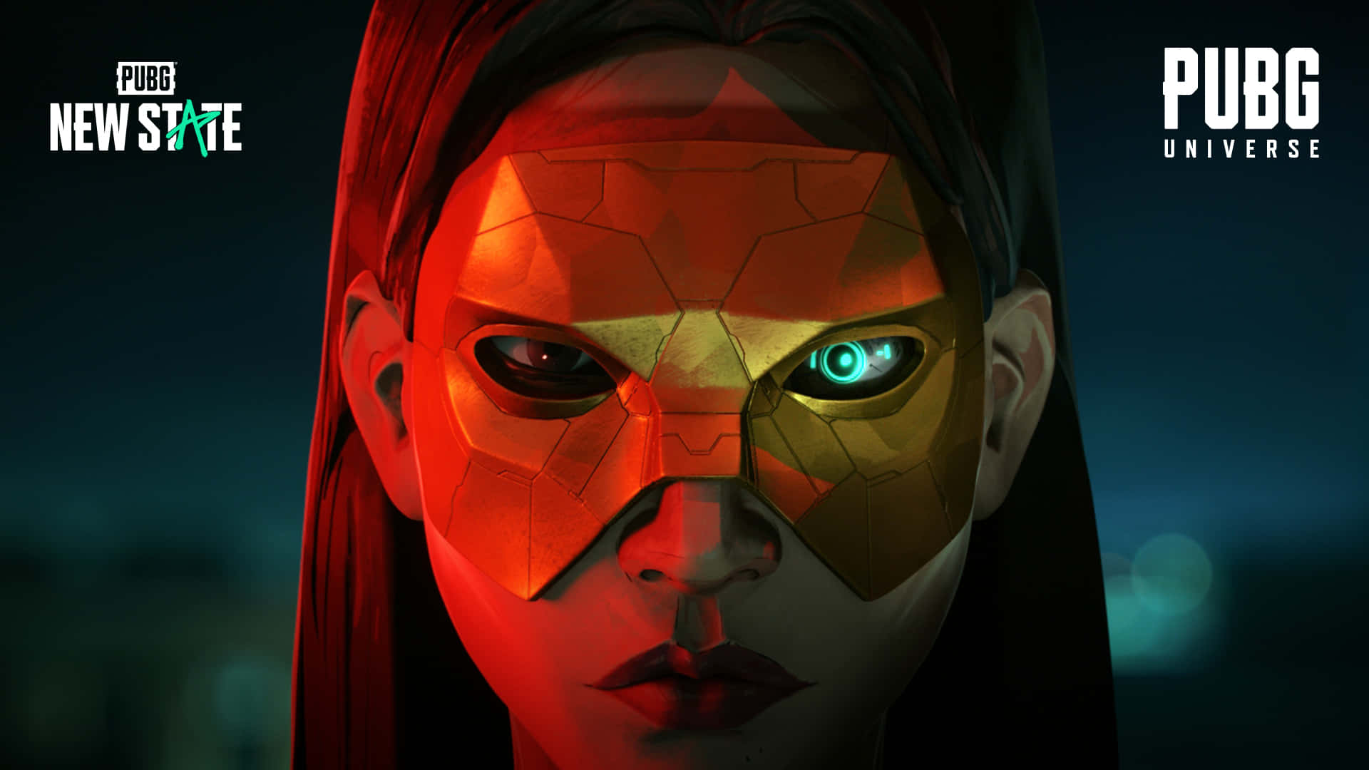 girl with golden mask, glowing blue eye, red geometric mask, Full HD Desktop Wallpaper