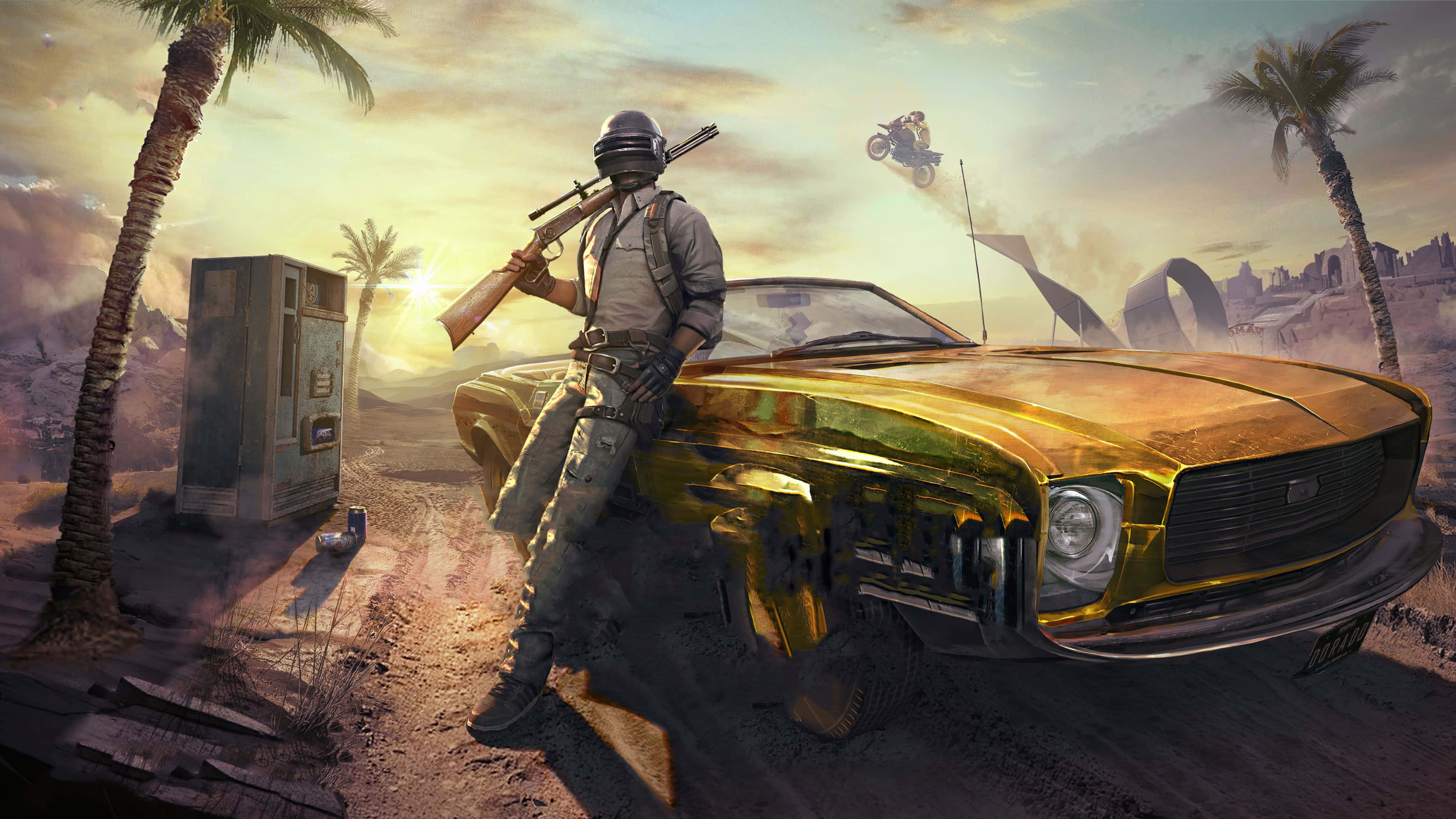 Pubg New State, yellow car, palm tree, 4K Desktop Wallpaper