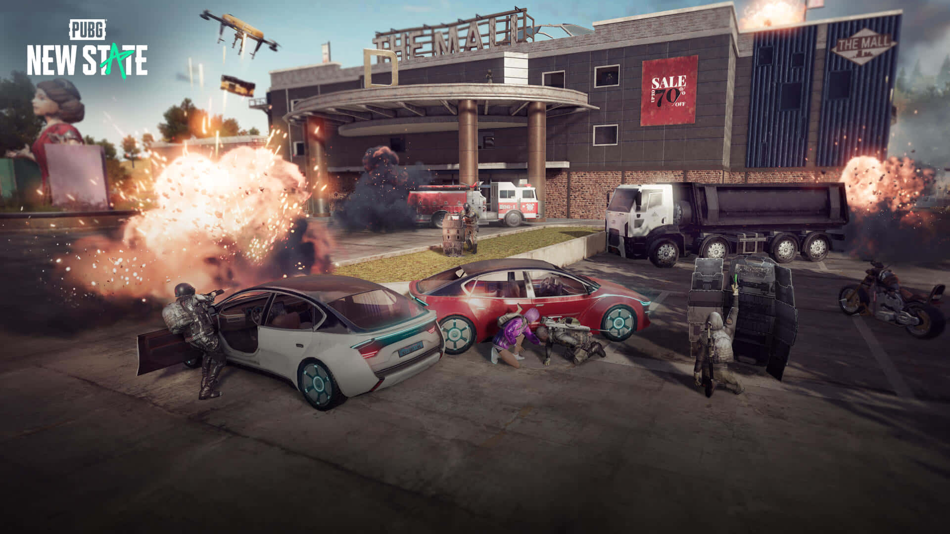Pubg New State, exploding cars, armored soldiers, Full HD Desktop Wallpaper