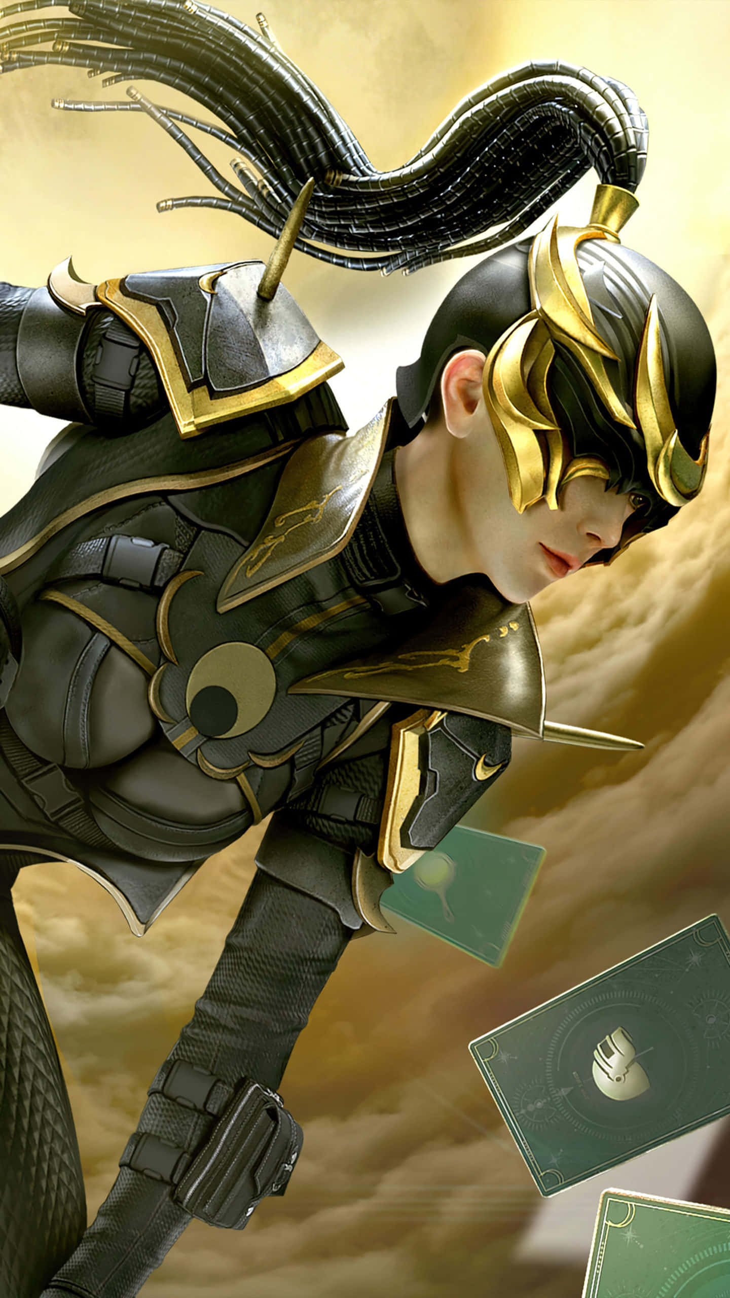 black and gold armor, horned helmet, golden sky, 2K Phone Wallpaper