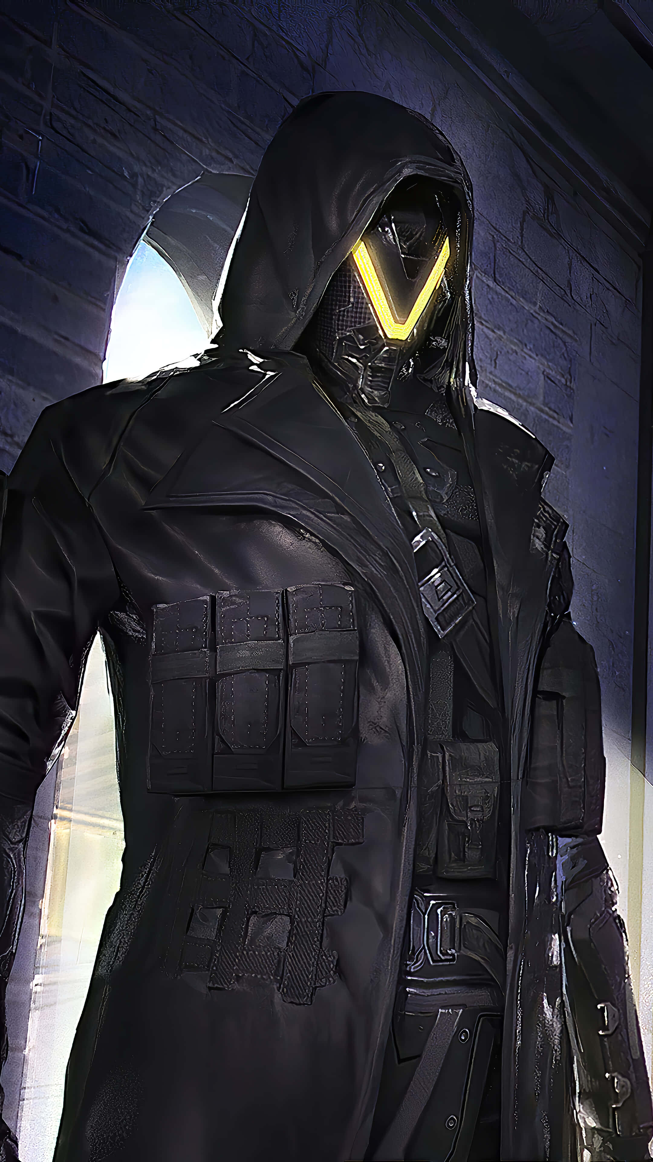 black tactical gear, glowing yellow V-shaped visor, dim stone archway, 4K Phone Wallpaper
