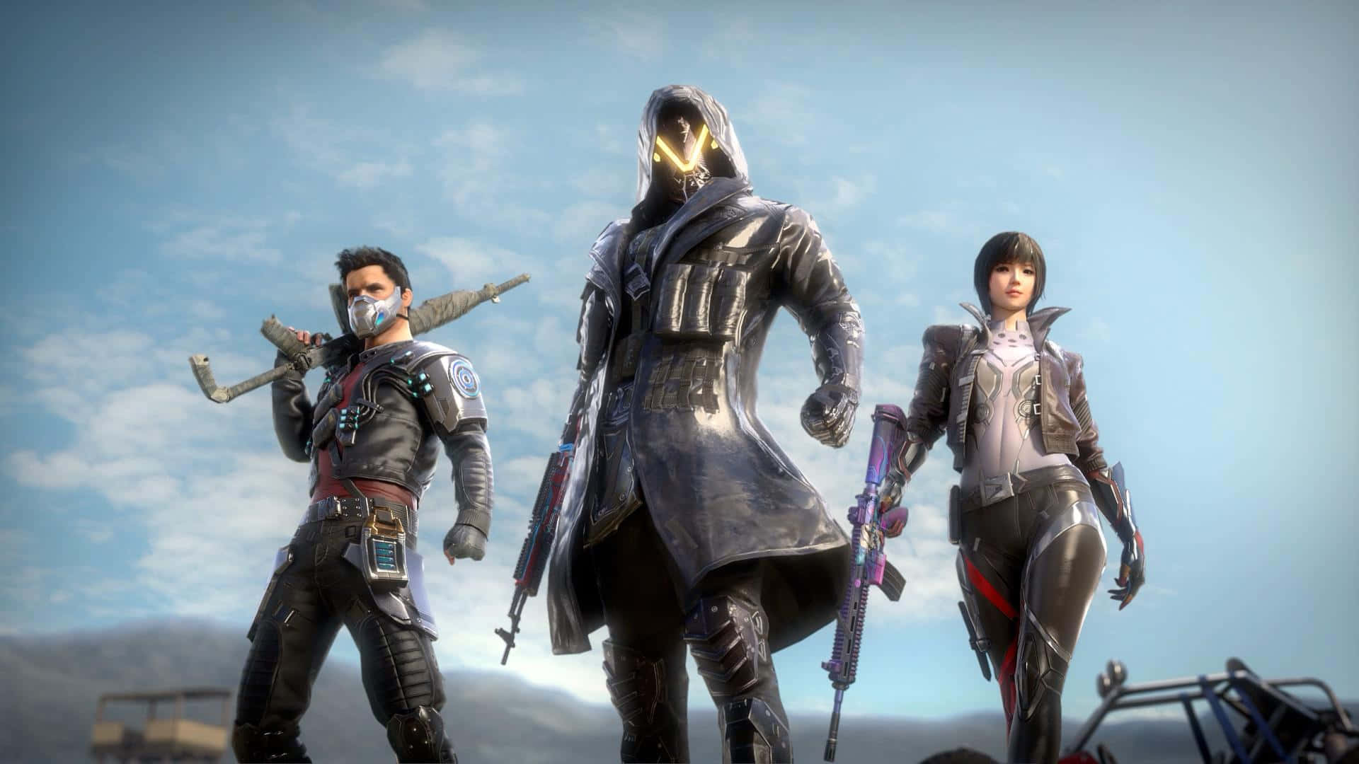 futuristic armed characters, cloudy sky, distant mountains, Full HD Desktop Wallpaper