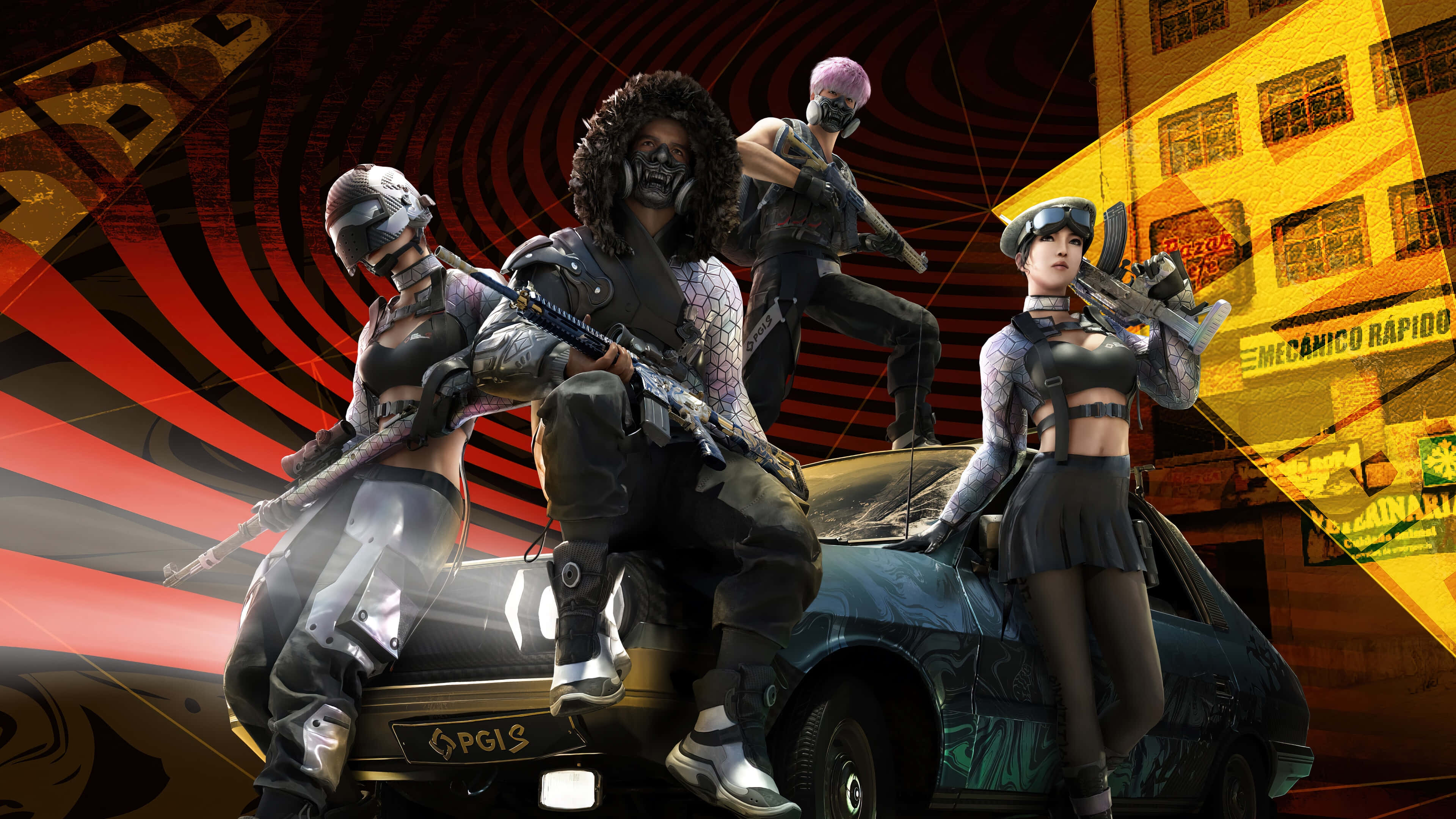 Pubg Season 17, graffiti-covered car, swirling red and black urban backdrop, 4K Desktop Wallpaper