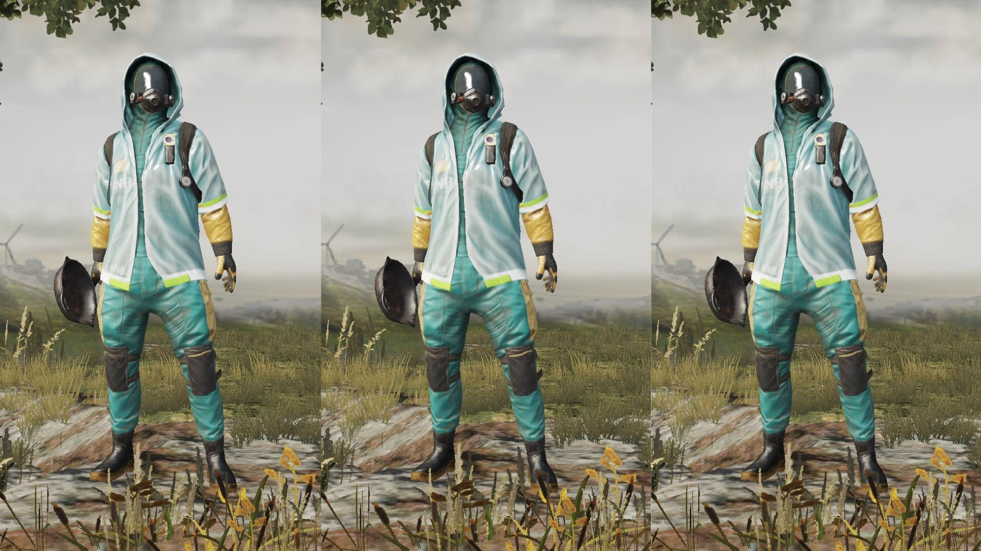 PUBG Season 3, hazard outfit, teal and yellow hazmat suit, Full HD Desktop Wallpaper