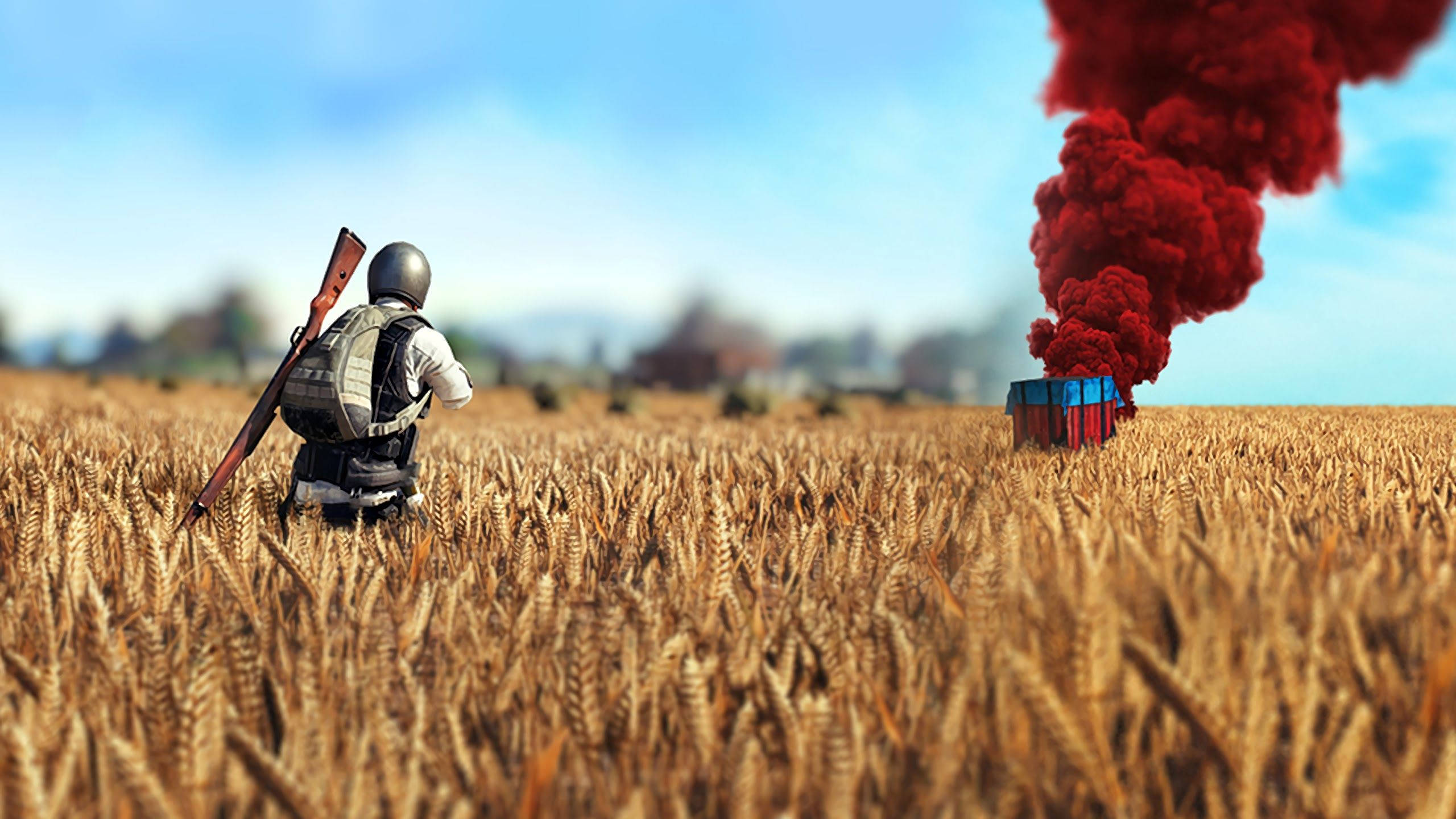 PUBG, full screen red smoke, golden wheat field, 2K Desktop Wallpaper