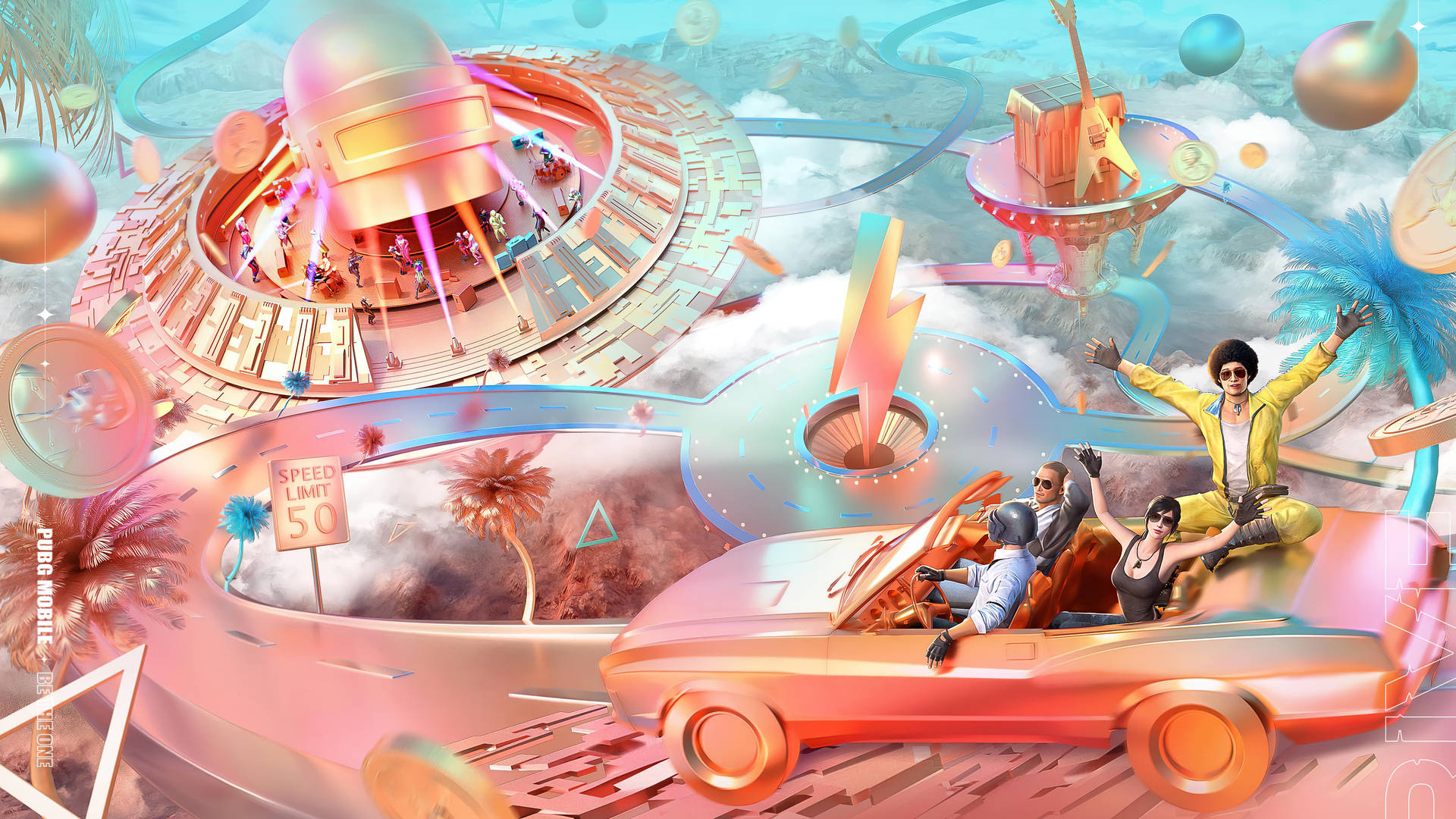 Pubg Squad, futuristic road trip, pink convertible, Full HD Desktop Wallpaper