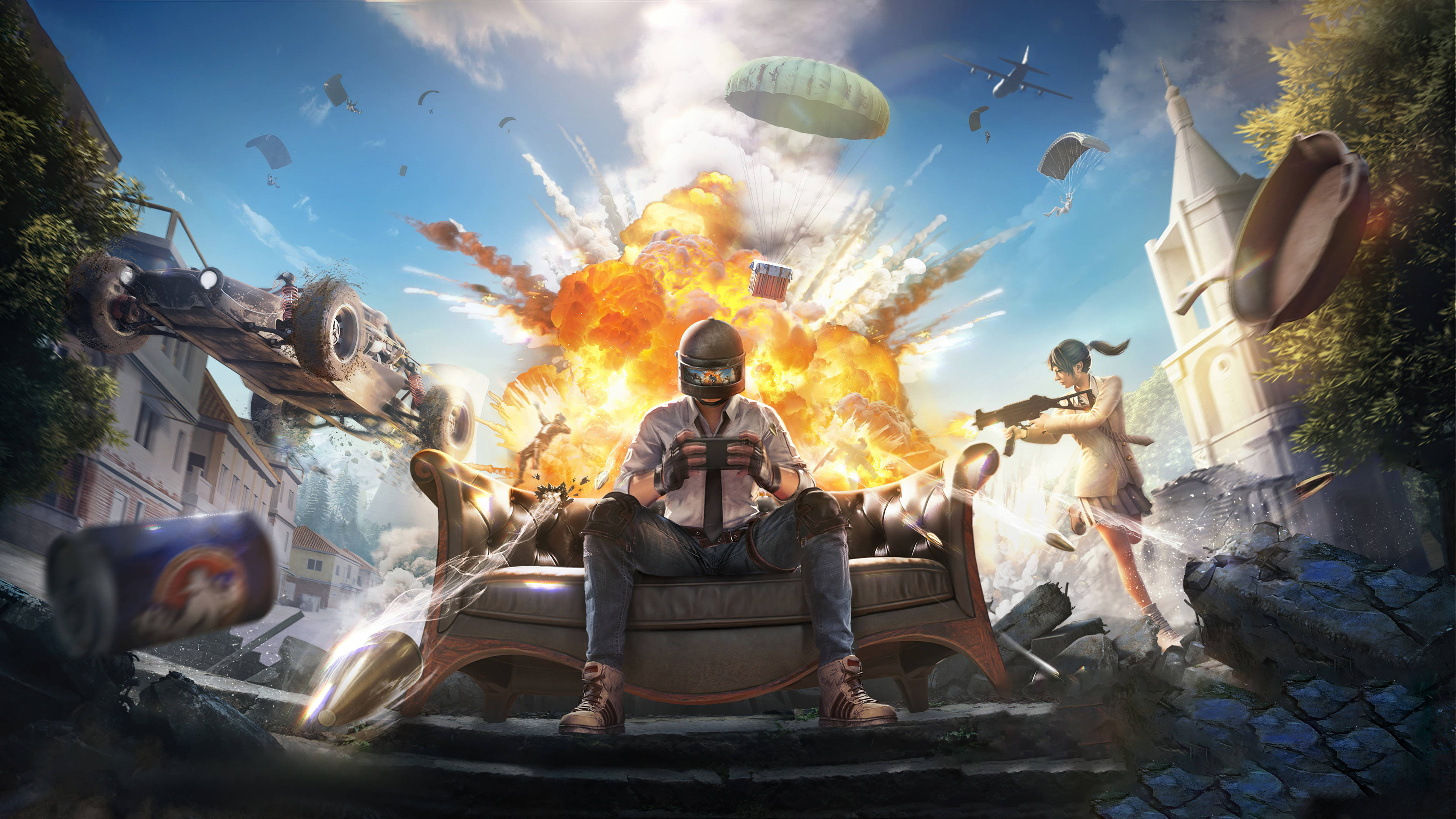 PUBG Squad, mobile experience, couch, 4K Desktop Wallpaper