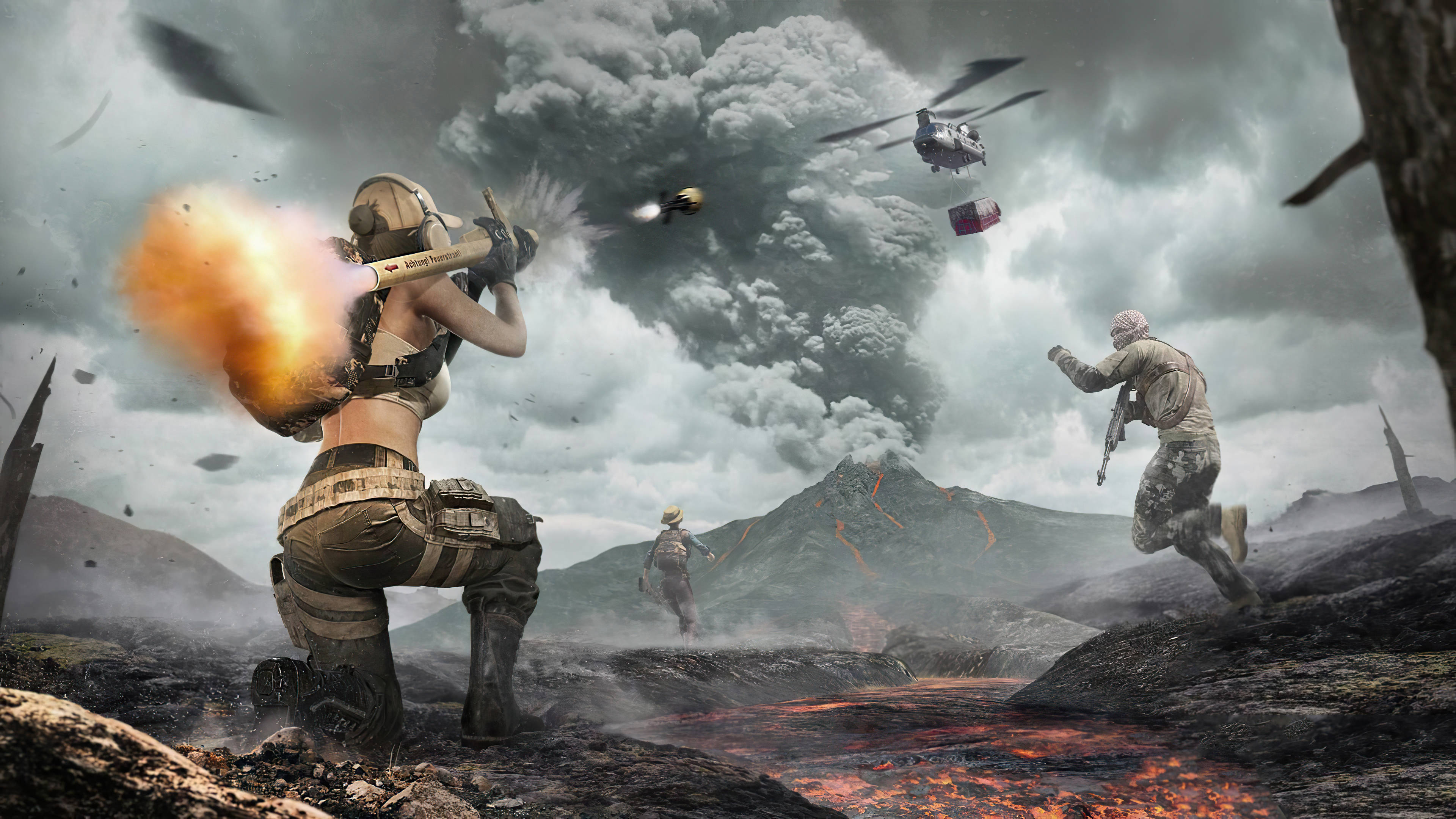 PUBG Squad, volcanic lava flows, helicopters, 4K Desktop Wallpaper