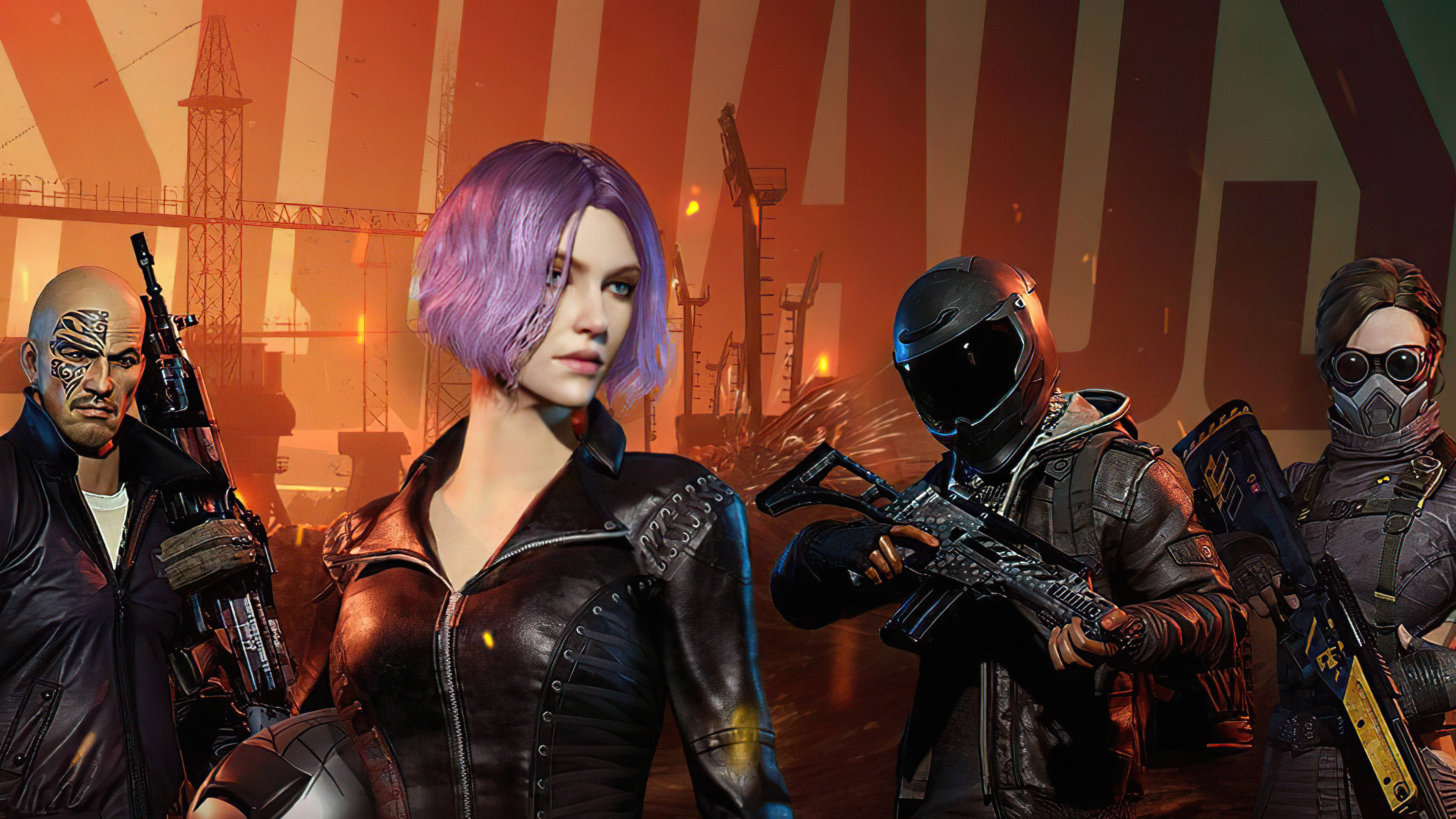 PUBG Squad, futuristic warriors, fiery industrial wasteland, 4K Desktop Wallpaper