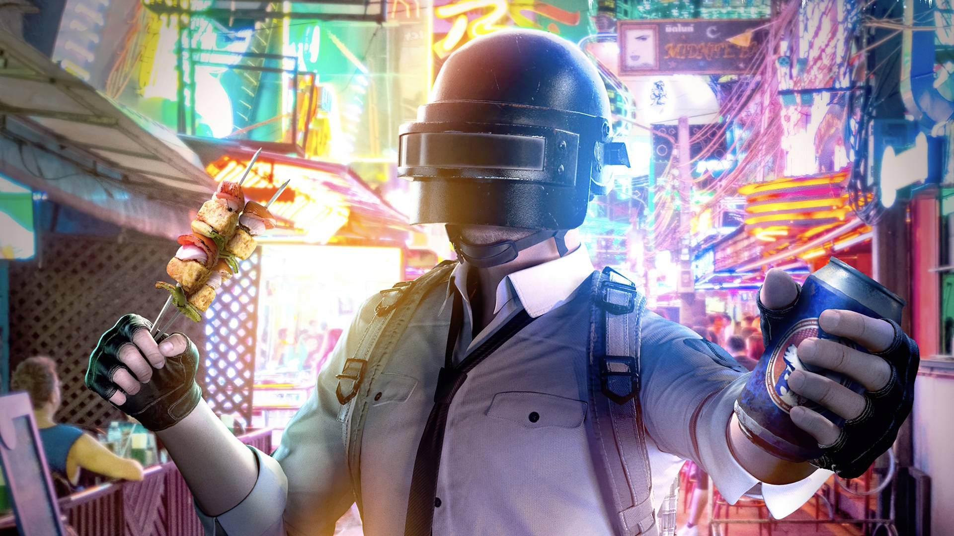 PUBG, helmet guy, neon-lit urban alley, Full HD Desktop Wallpaper