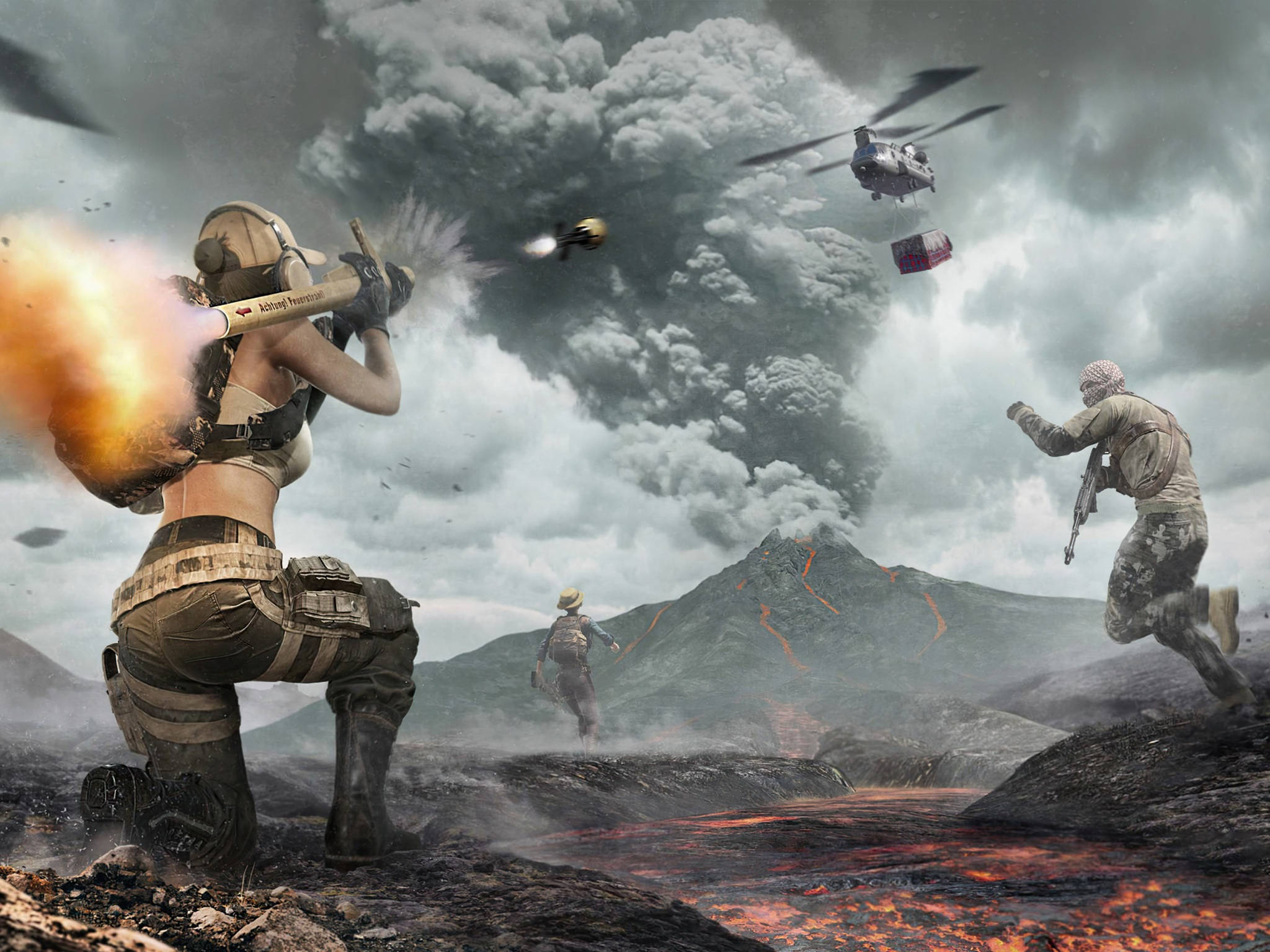 PUBG, rocket launcher, volcanic lava flows, Full HD Desktop Wallpaper