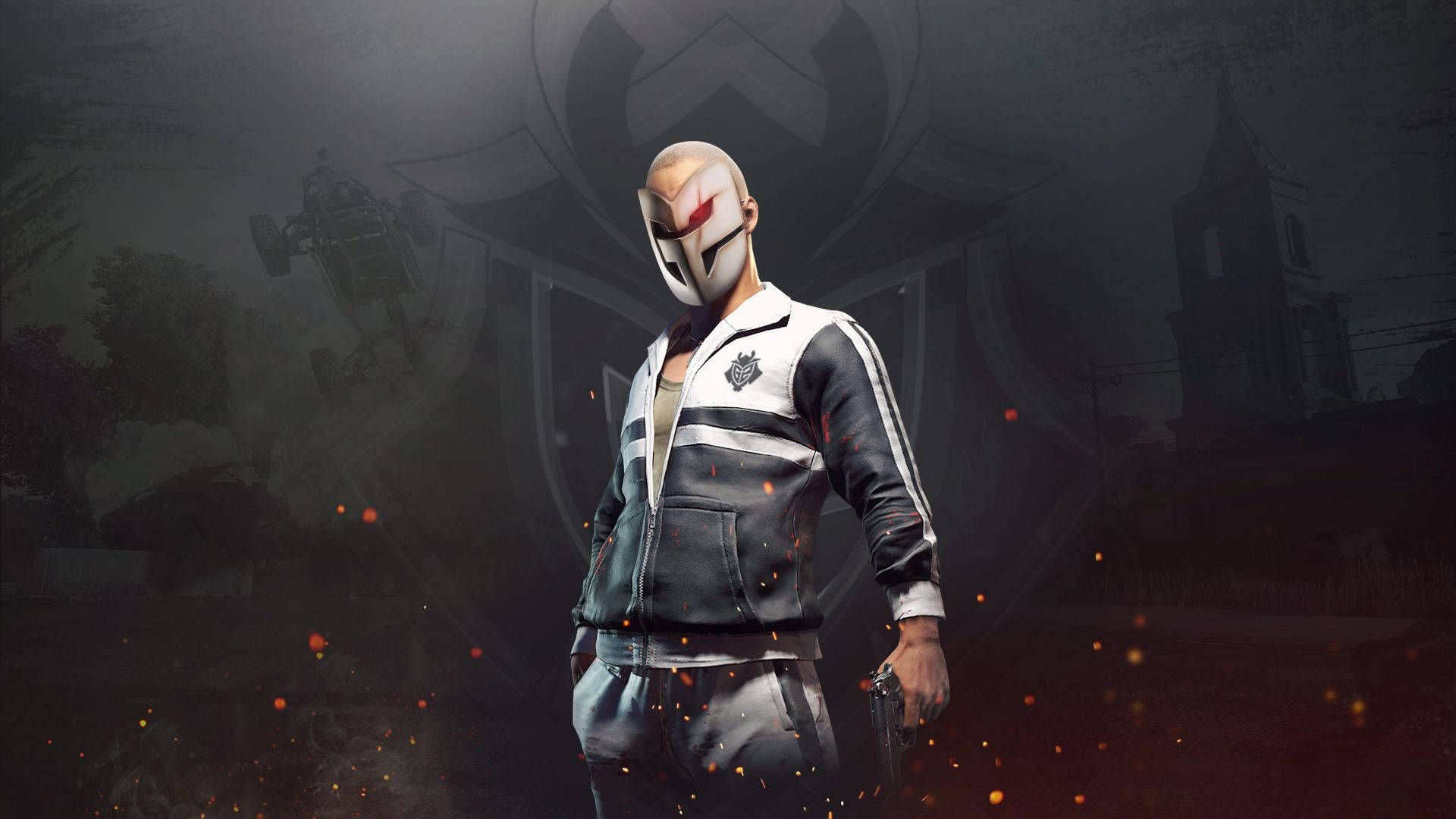 PUBG, masked player, white and black tracksuit, Full HD Desktop Wallpaper