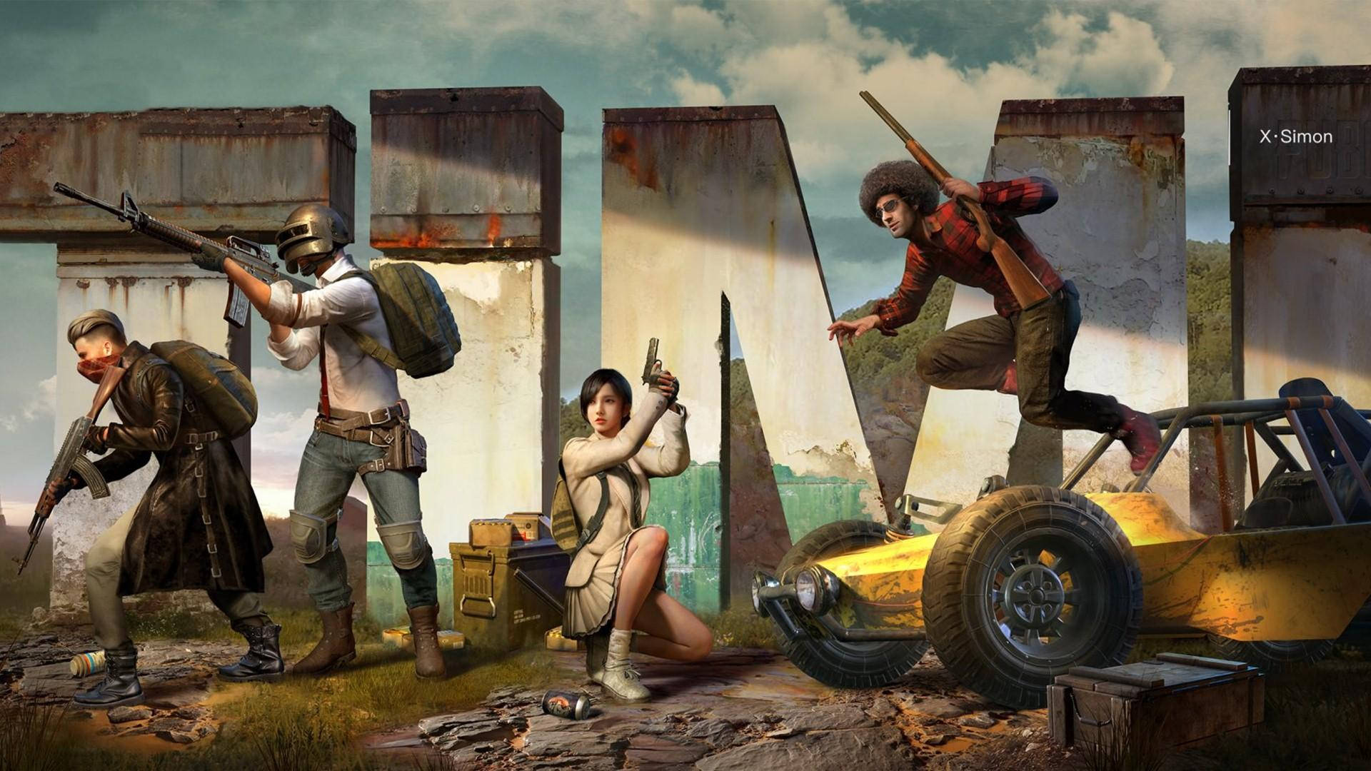 PUBG 2020, four players, ruined landscape, Full HD Desktop Wallpaper