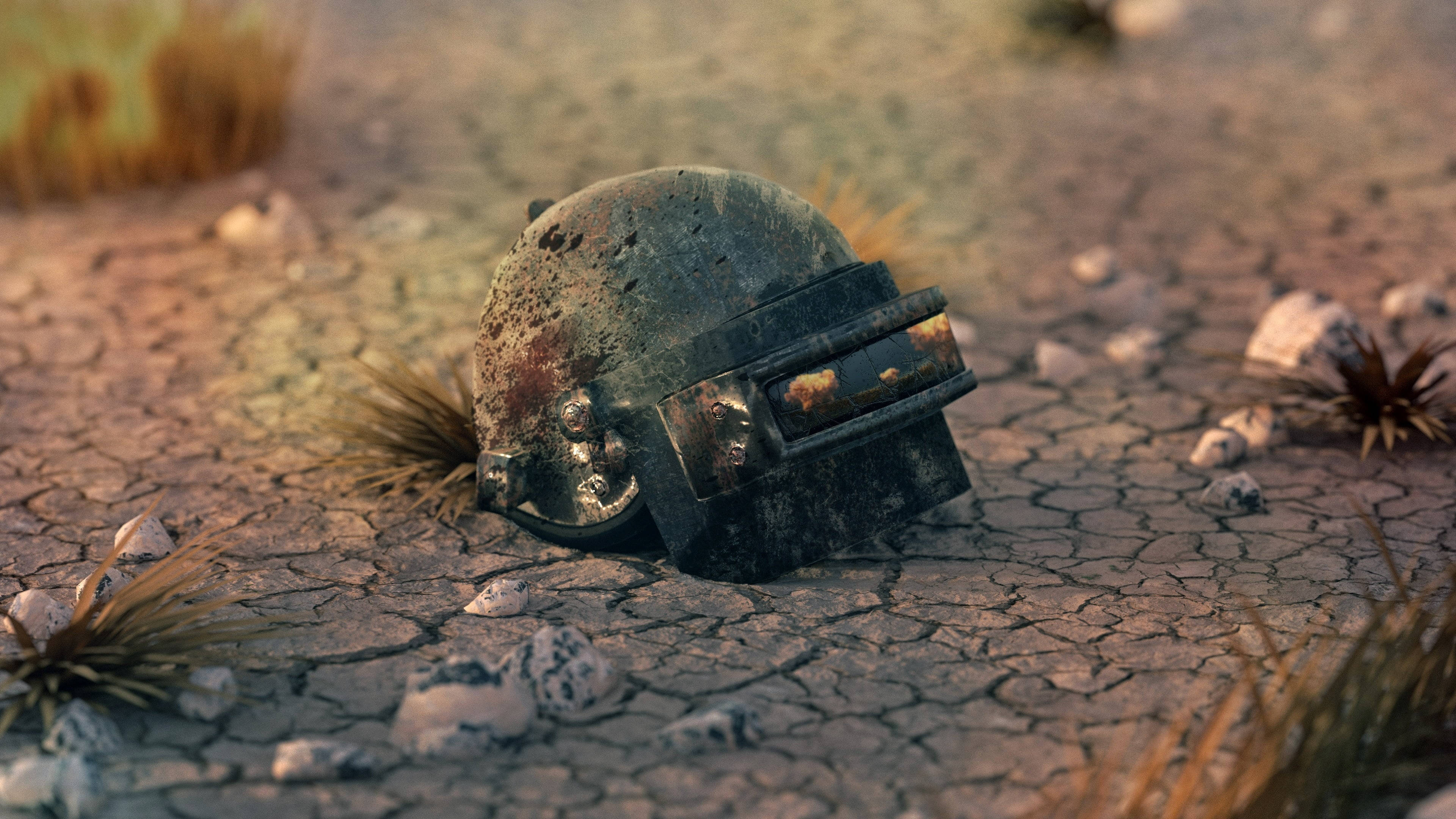 PUBG 2020, abandoned helmet, cracked desert earth, 4K Desktop Wallpaper