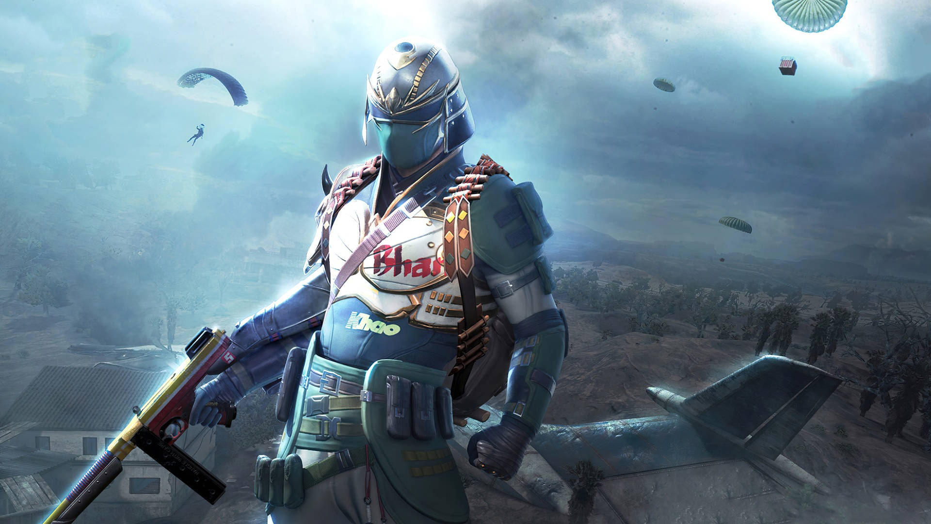 PUBG Thumbnail, blue-masked player, futuristic armor, Full HD Desktop Wallpaper