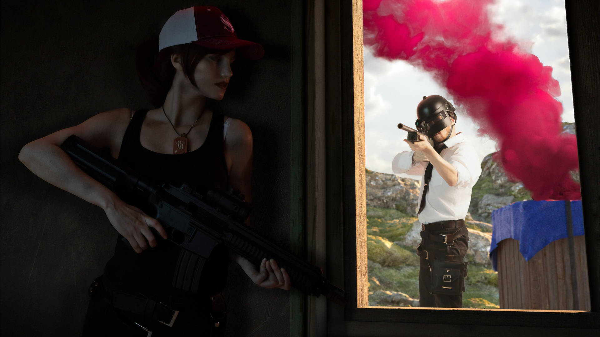 PUBG Thumbnail, cap girl, rifle, Full HD Desktop Wallpaper