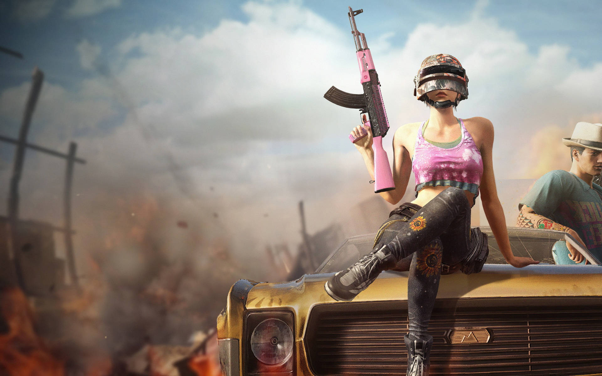 PUBG, pink gun, female gamer, Full HD Desktop Wallpaper