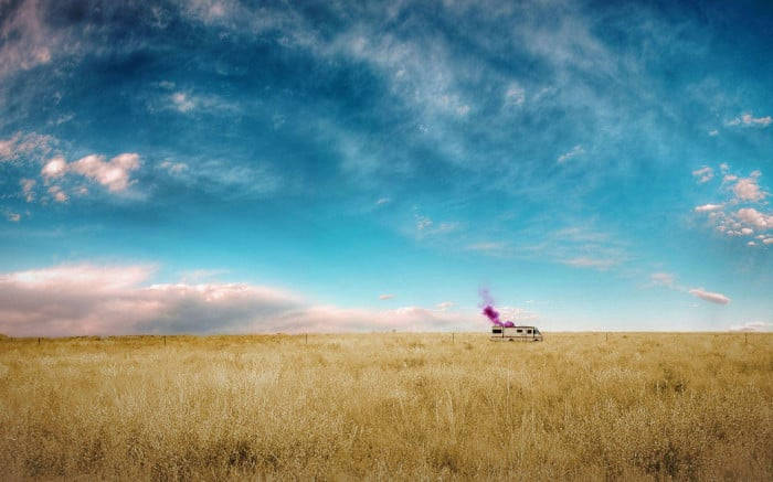 camper van, purple smoke, golden grassland, SD Desktop Wallpaper