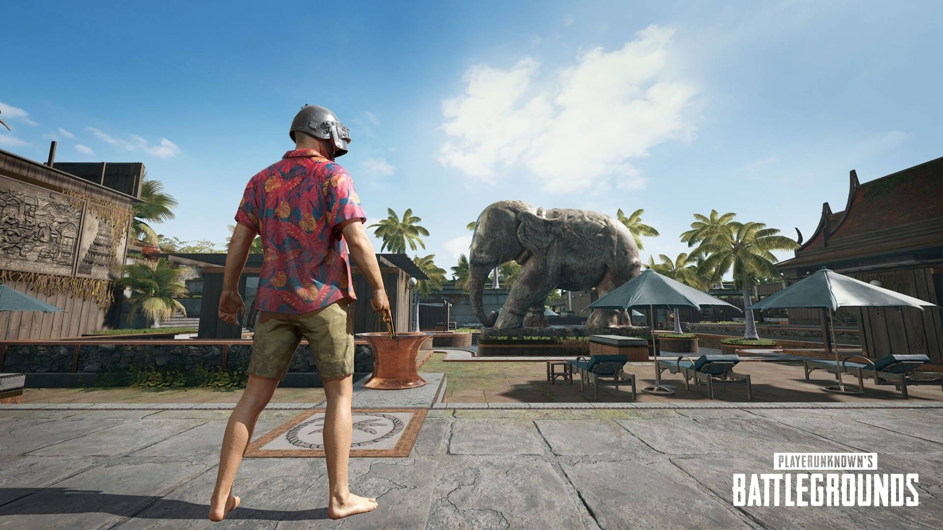 PUBG Thumbnail Guy, Hawaiian shirt, giant elephant statue, Full HD Desktop Wallpaper